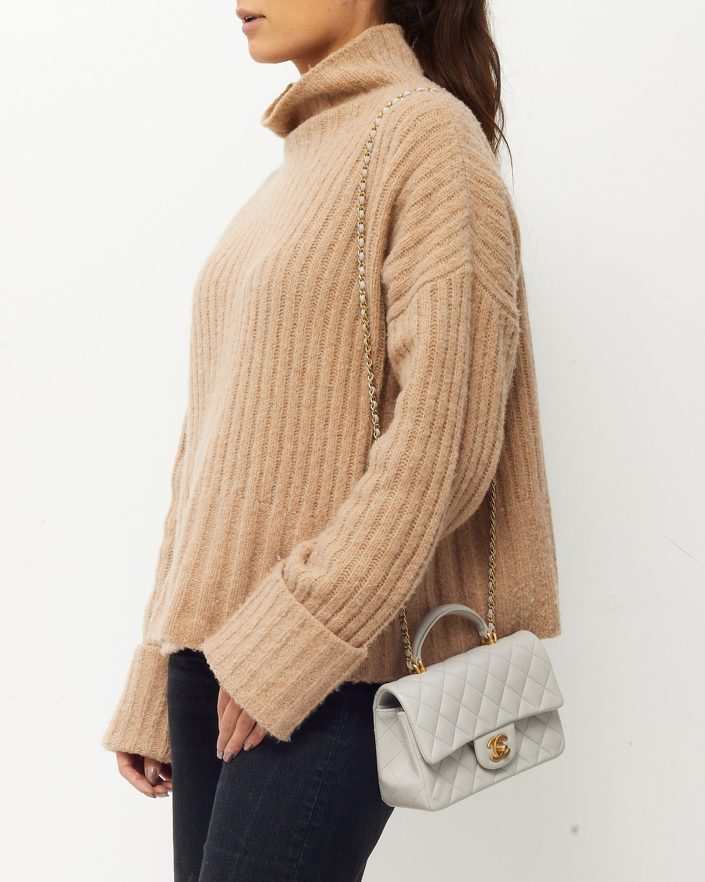 Chanel Light Grey Lambskin Leather Mini Top Handle Flap Bag GHW