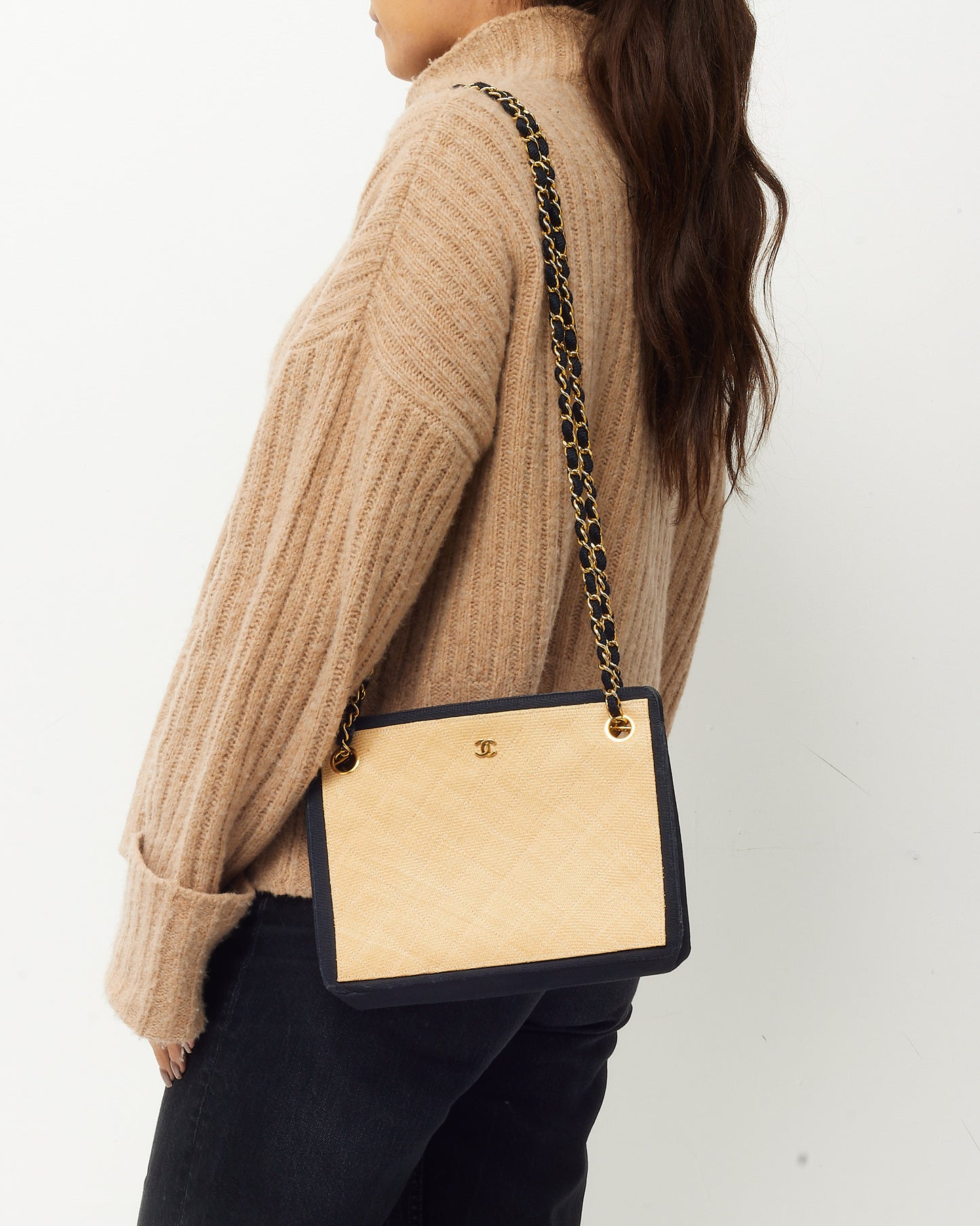 Chanel Vintage Beige and Black Quilted Raffia Chain Shoulder Bag