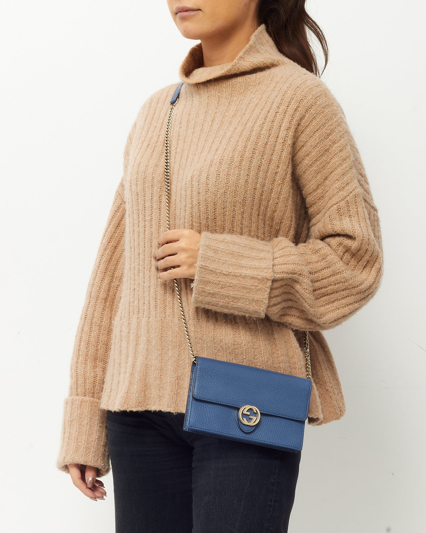 Gucci Navy Pebbled Leather Interlocking G Dollar Wallet-On-Chain WOC Crossbody Bag