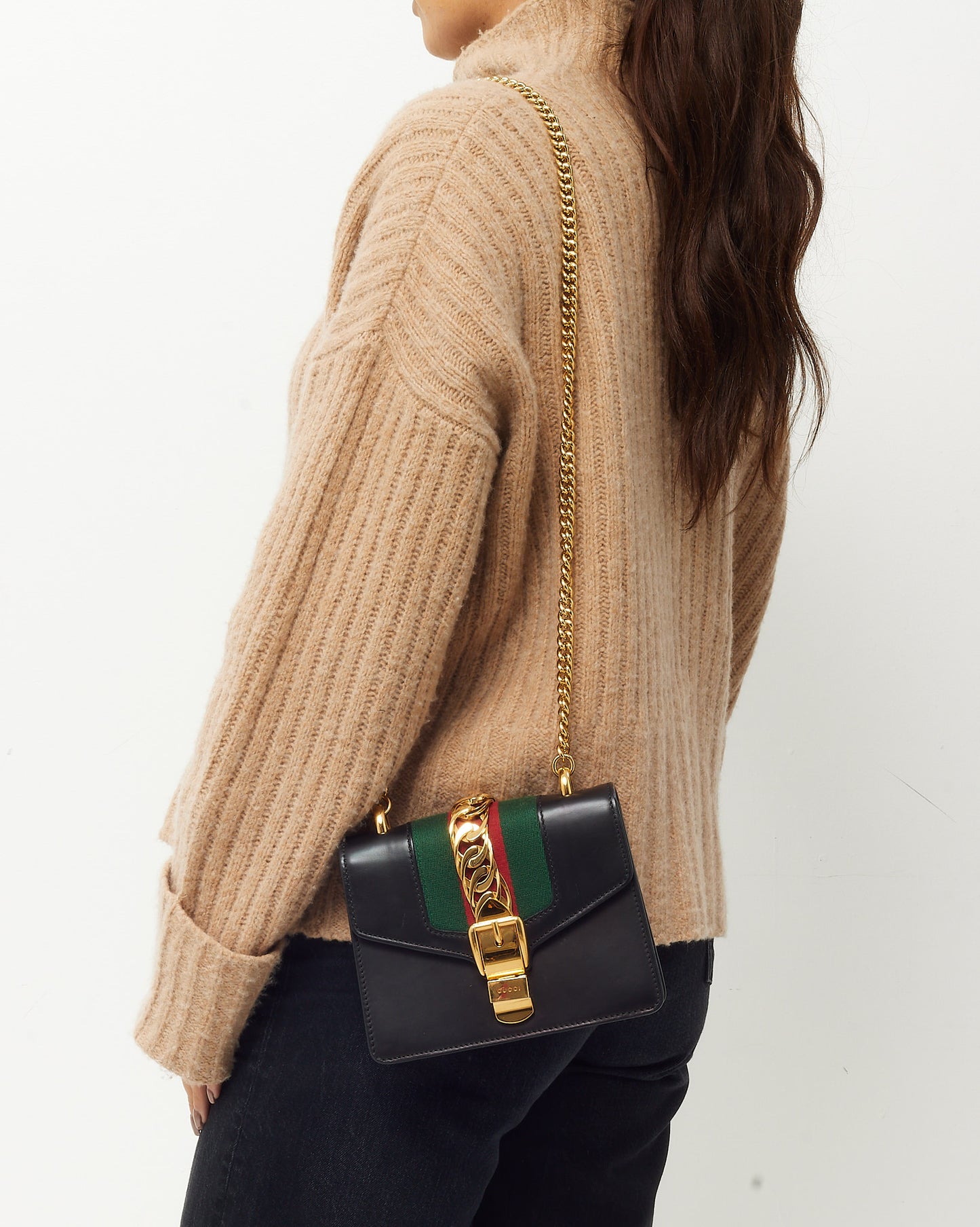 Gucci Black Calfskin Leather Mini Sylvie Chain Shoulder Bag