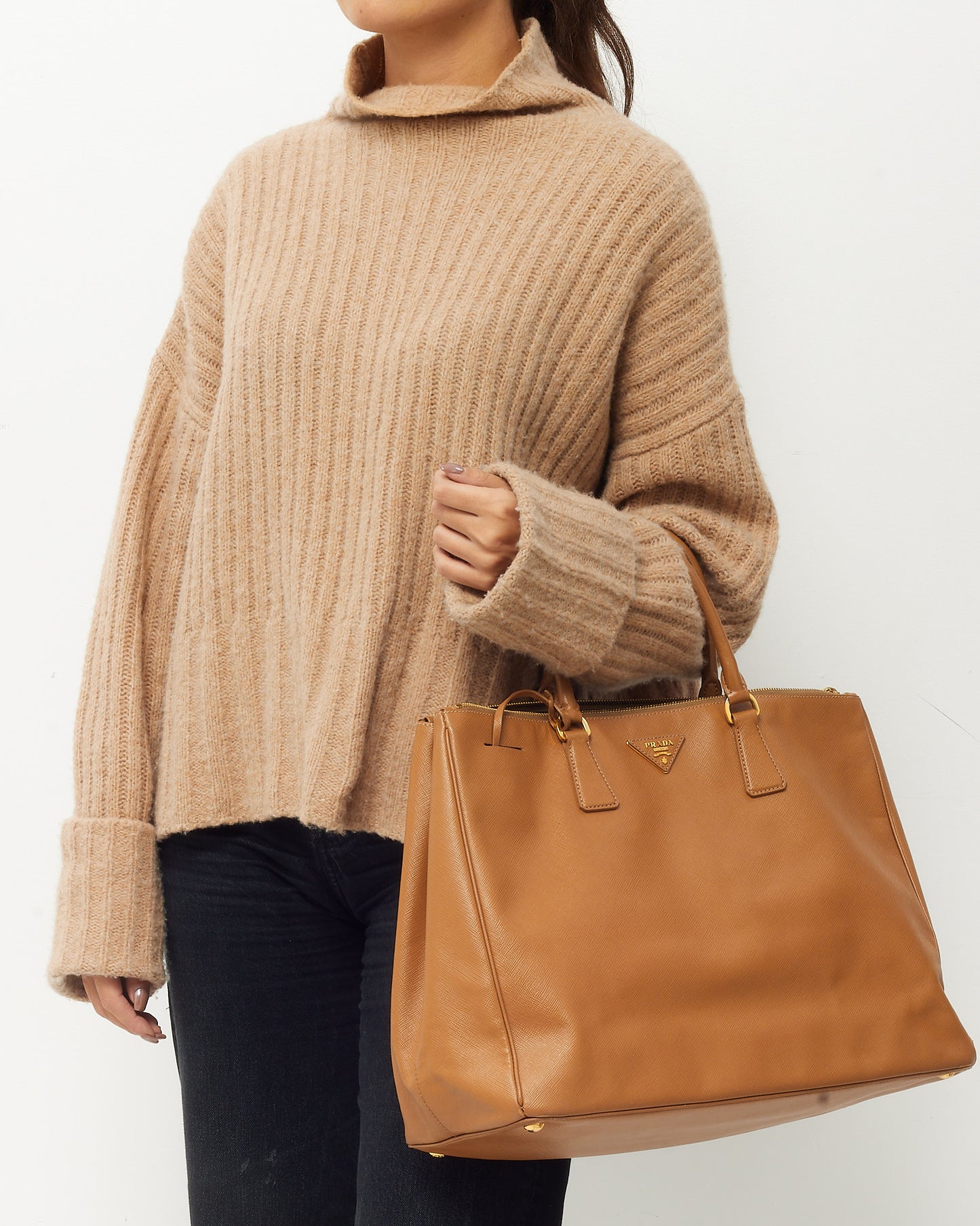 Prada Tan Caramel Saffiano Leather Large Double Zip Galleria Tote Bag