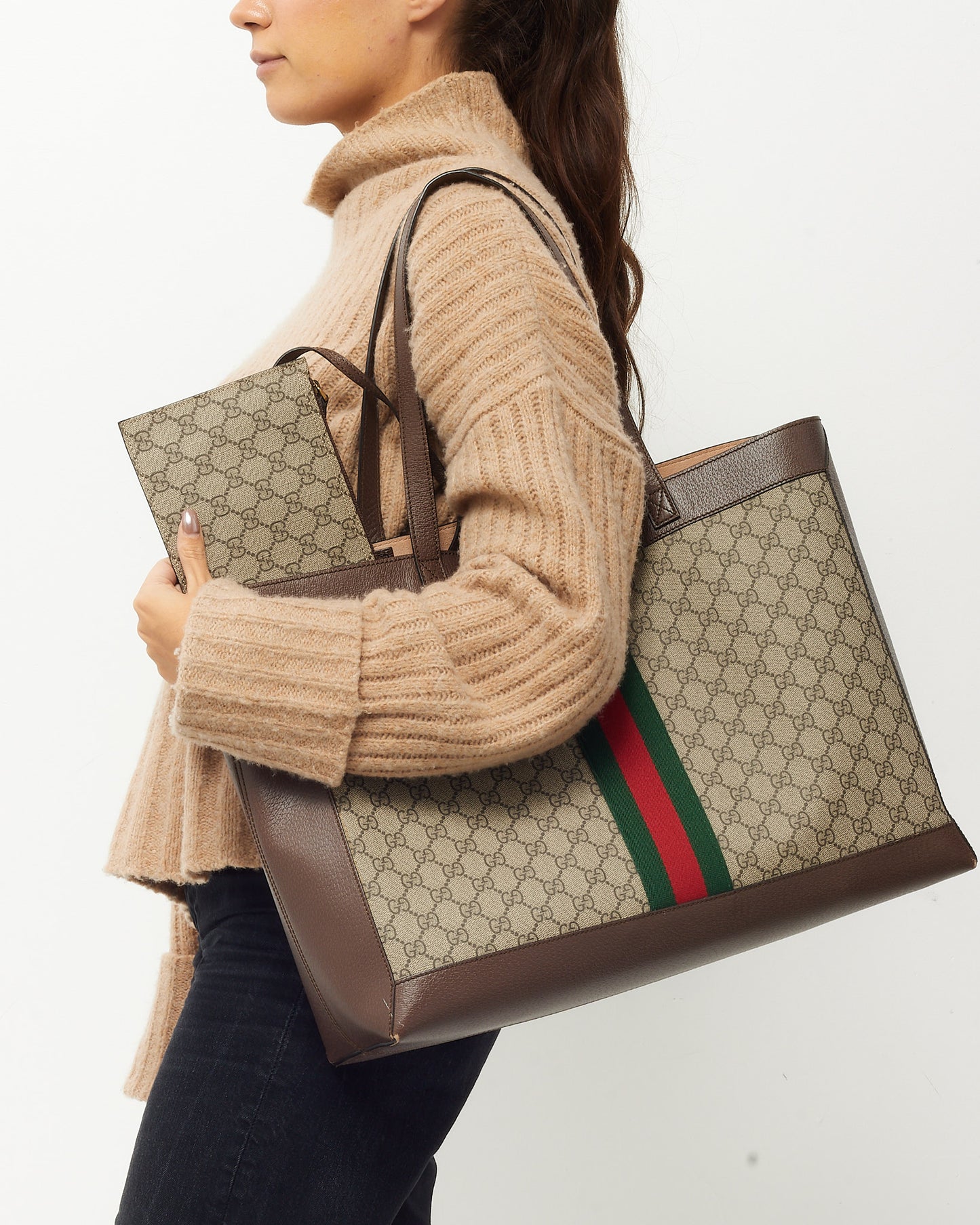 Gucci Beige & Ebony GG Supreme Monogram Canvas Medium Ophidia Soft Tote with Pouch