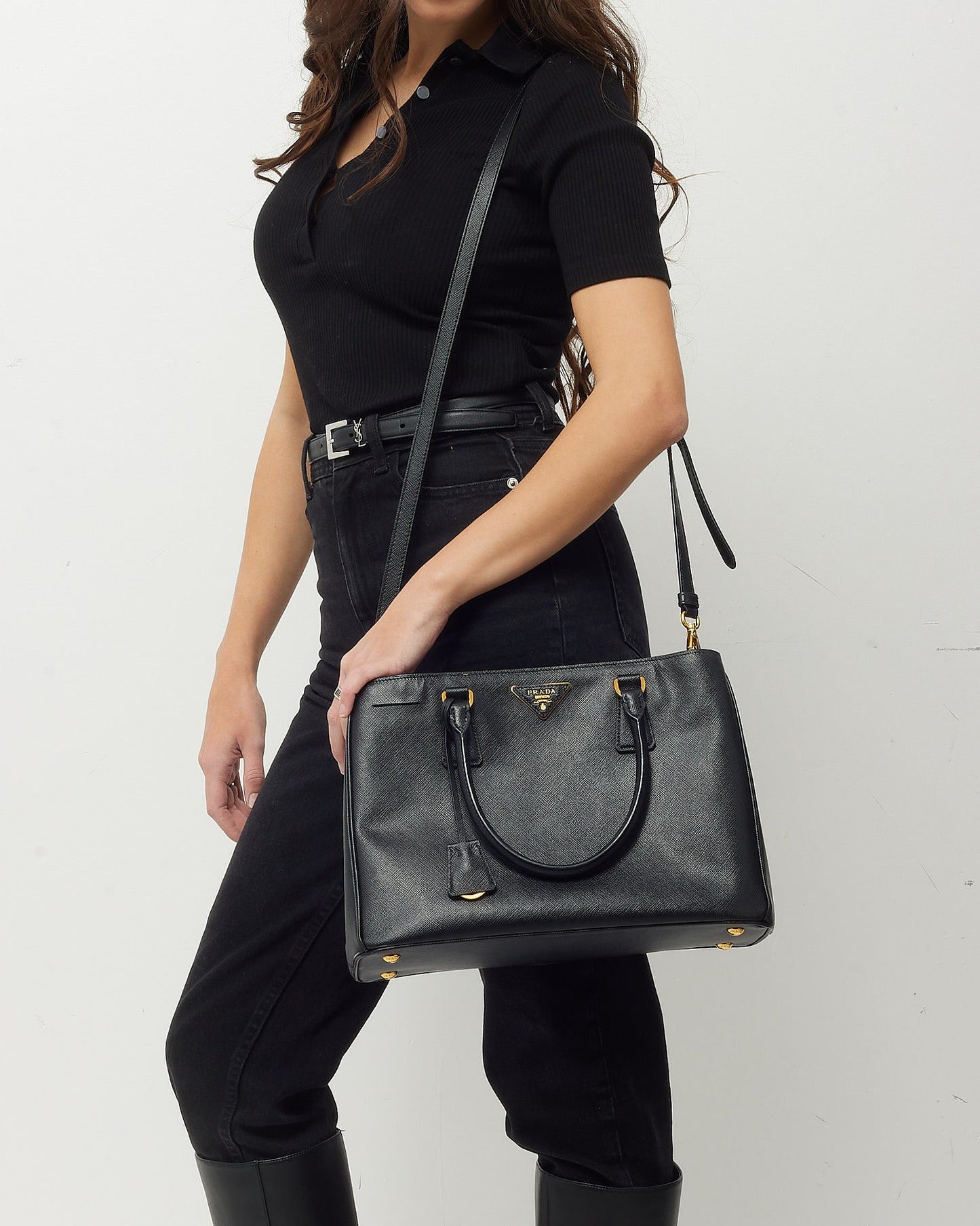 Prada Black Saffiano Leather Medium Galleria Double Zip Tote