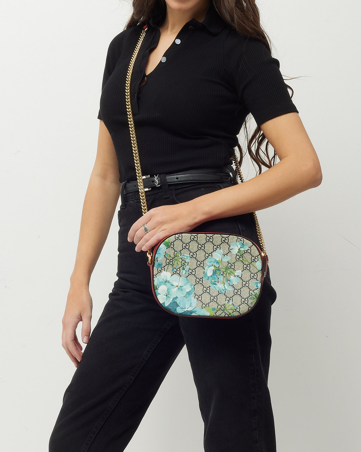 Gucci Red Leather Blue GG Monogram Blooms Coated Canvas Camera Crossbody Bag