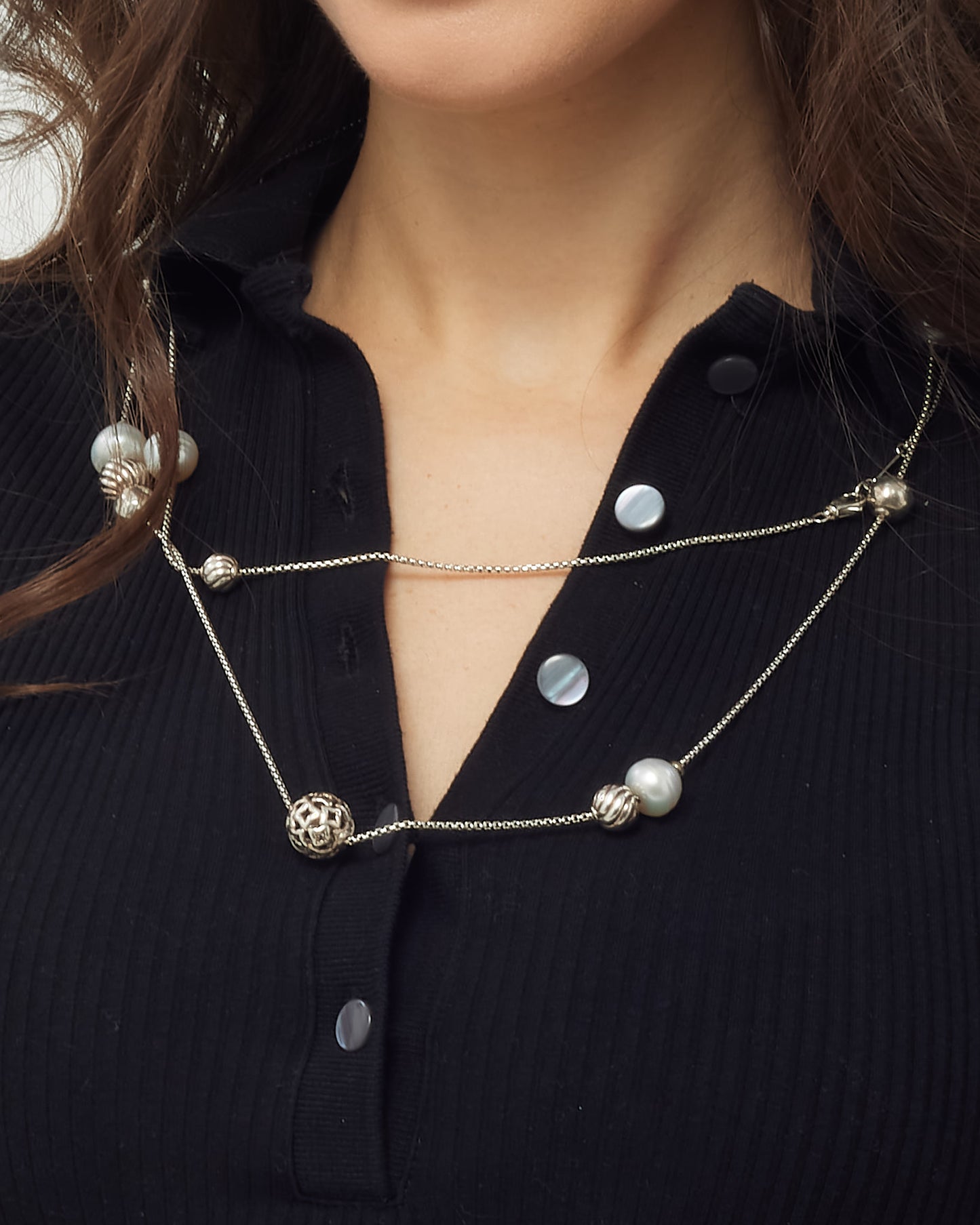 David Yurman Sterling Silver Geometric Ball and Pearl Station Strand Necklace