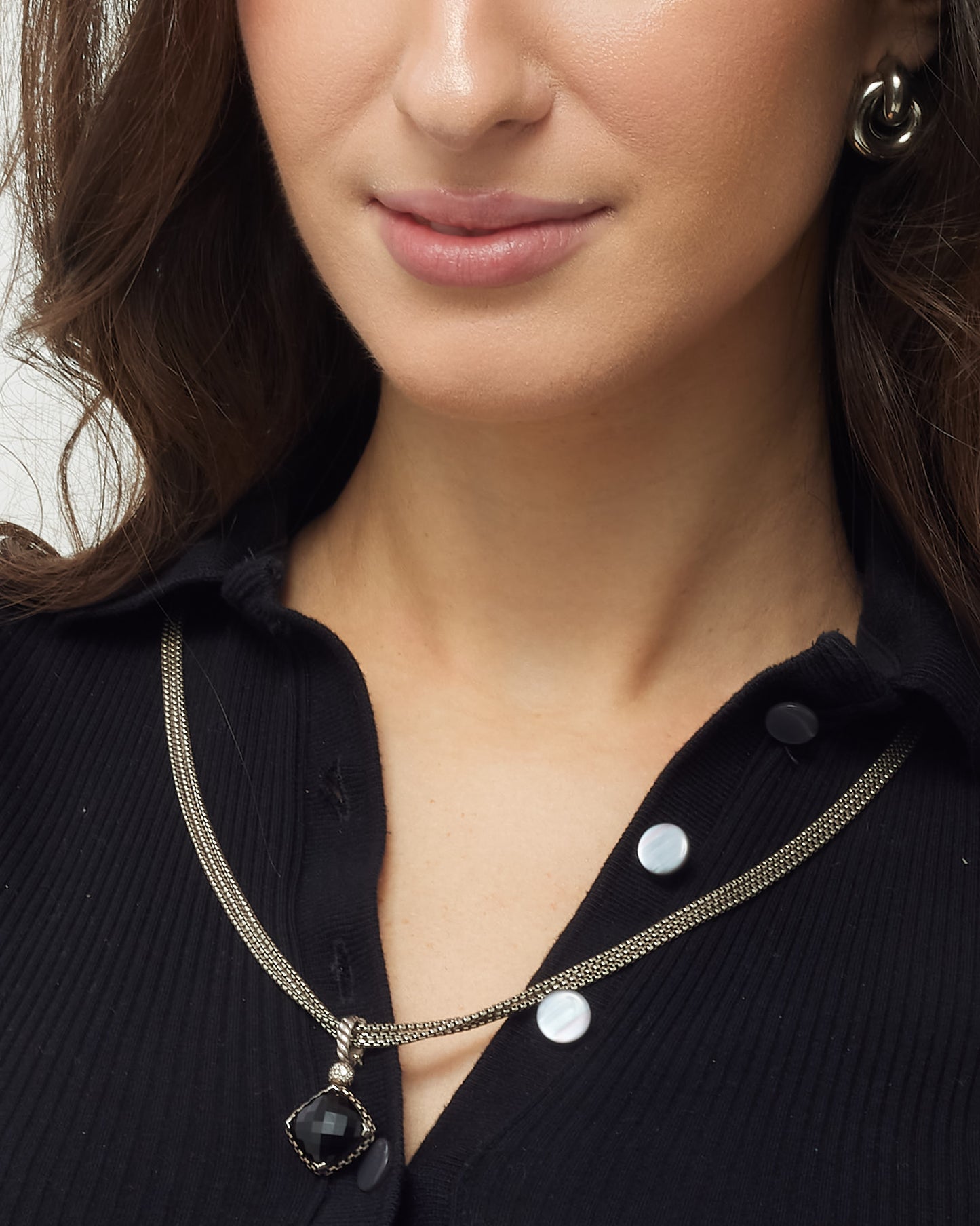 David Yurman Sterling Silver and Black Onyx Diamond Cushion On Point 20mm Pendant Necklace