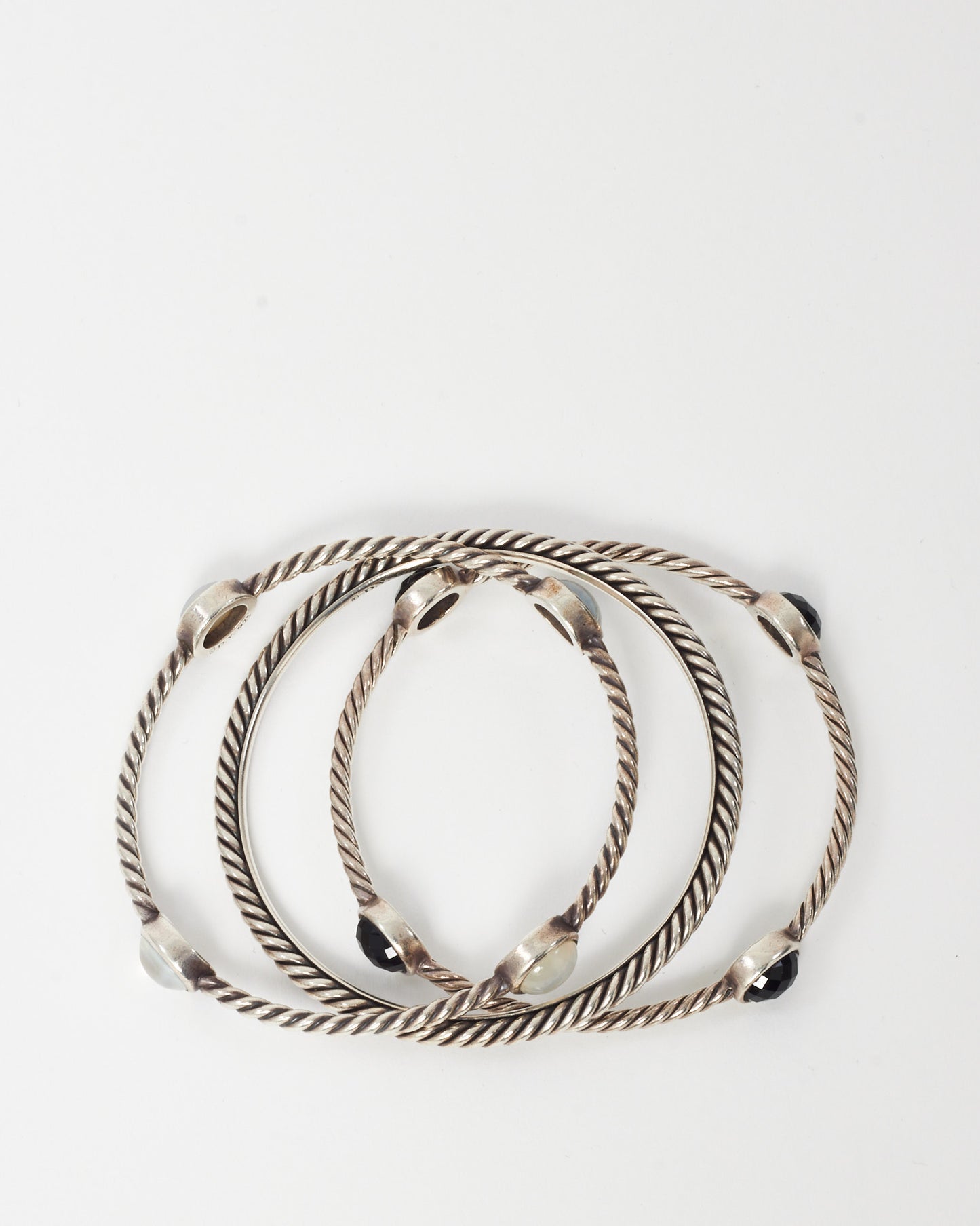 David Yurman Sterling Silver, Black Onyx and Mother-of-Pearl 4 Oval Station Cable Bangle Bracelets