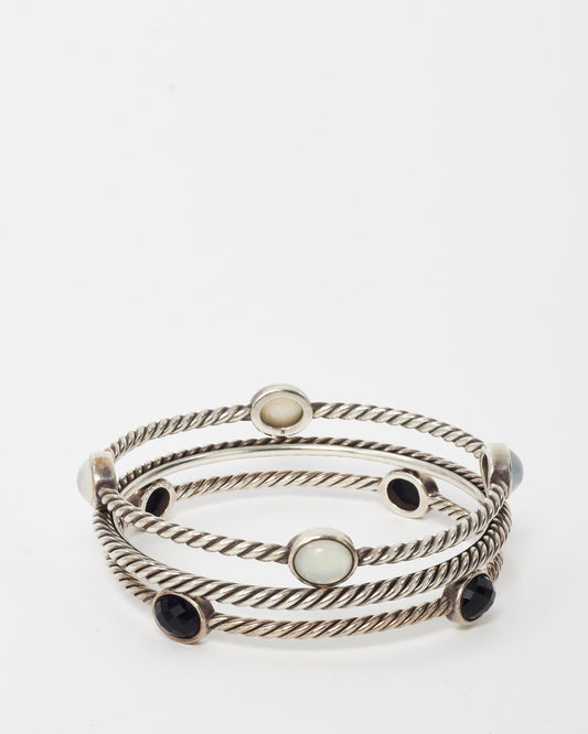David Yurman Sterling Silver, Black Onyx and Mother-of-Pearl 4 Oval Station Cable Bangle Bracelets