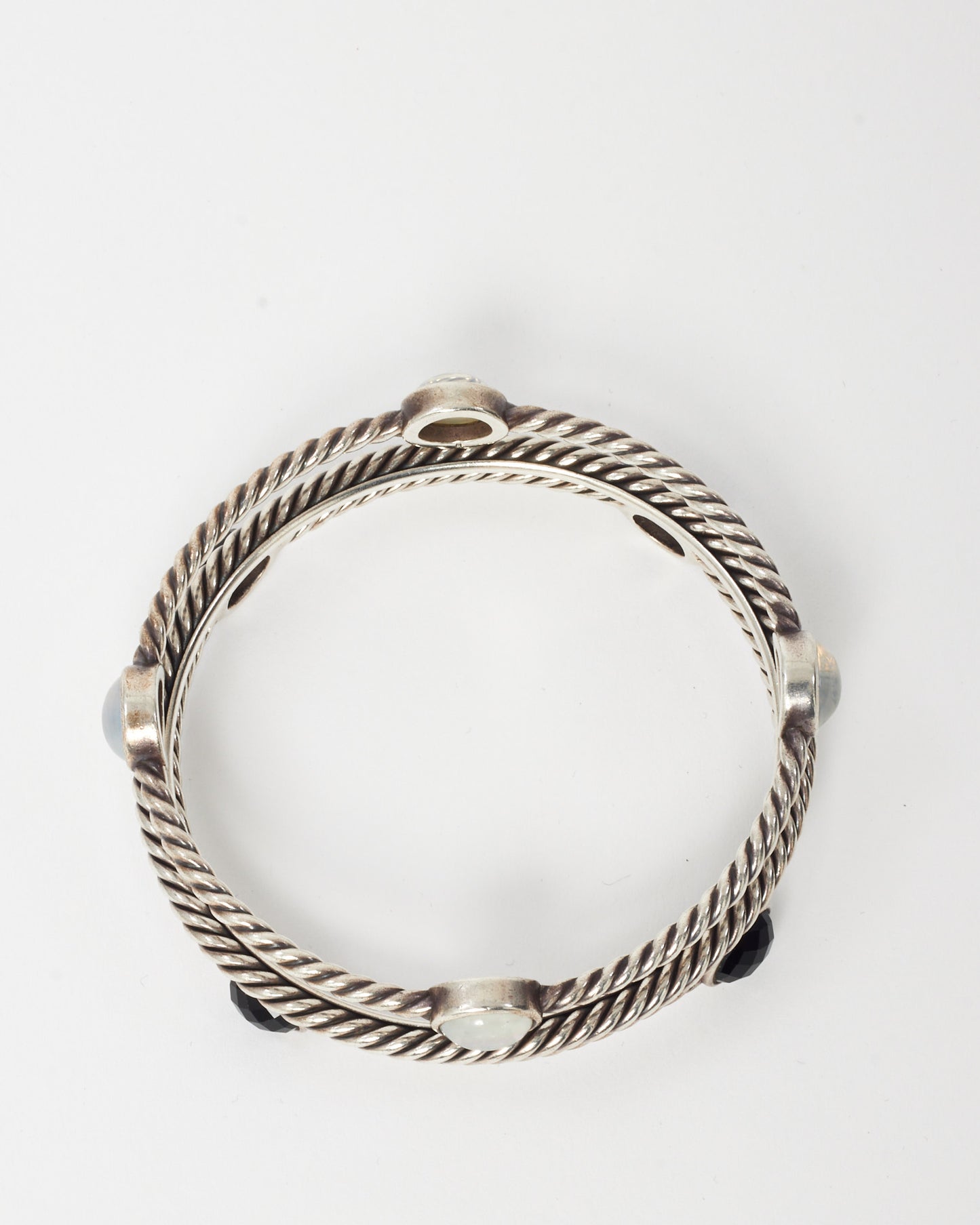 David Yurman Sterling Silver, Black Onyx and Mother-of-Pearl 4 Oval Station Cable Bangle Bracelets