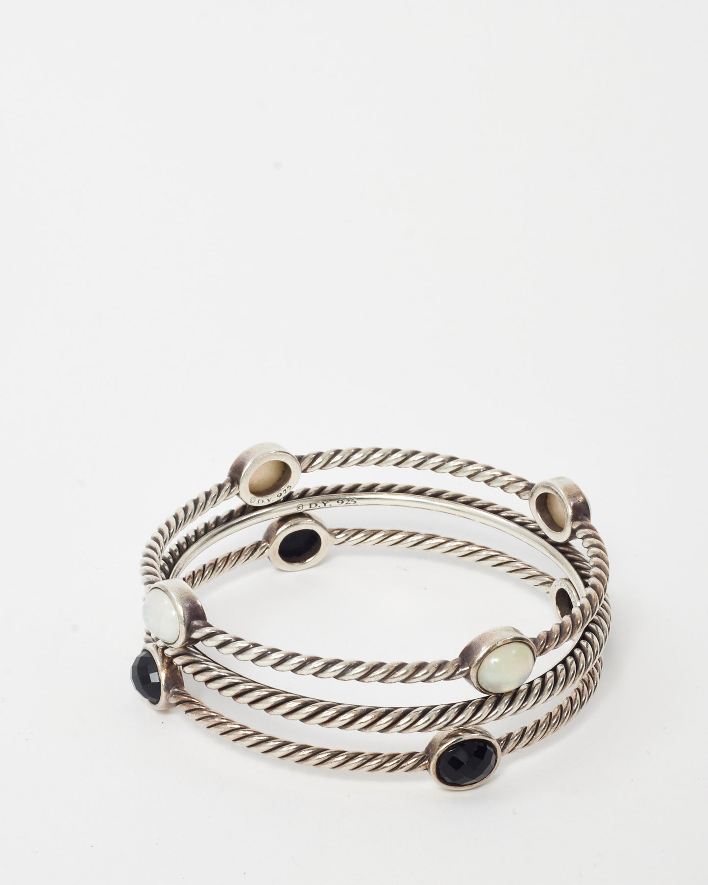 David Yurman Sterling Silver, Black Onyx and Mother-of-Pearl 4 Oval Station Cable Bangle Bracelets