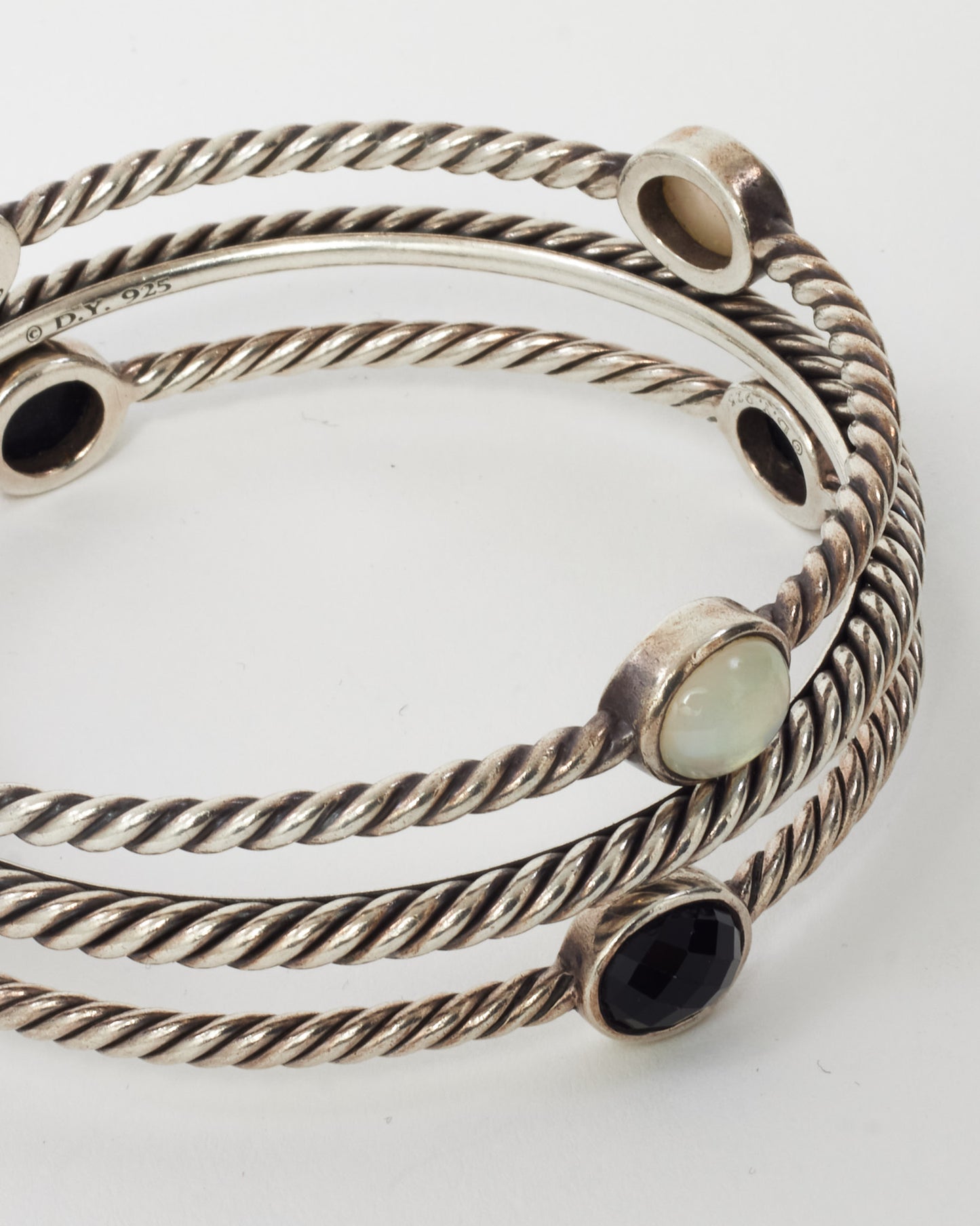 David Yurman Sterling Silver, Black Onyx and Mother-of-Pearl 4 Oval Station Cable Bangle Bracelets
