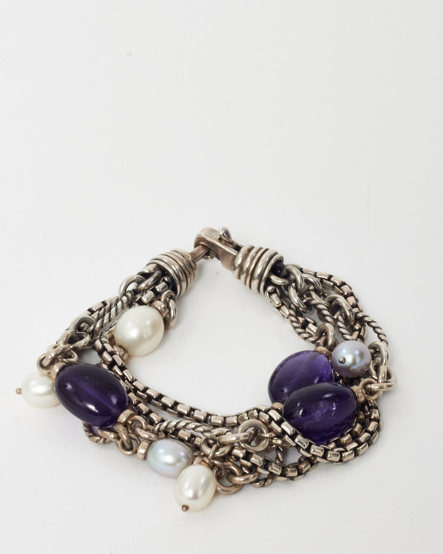 David Yurman Sterling Silver, Pearl & Amethyst 4 Row Bracelet