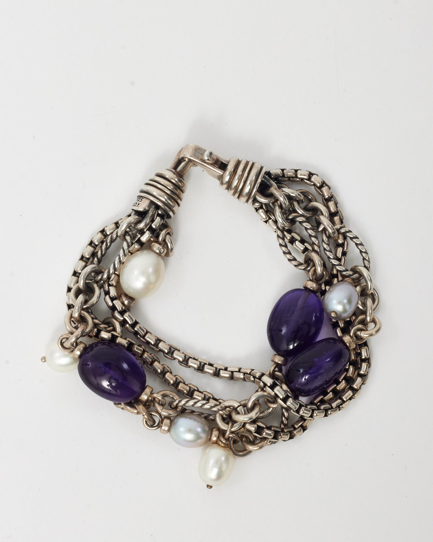 David Yurman Sterling Silver, Pearl & Amethyst 4 Row Bracelet