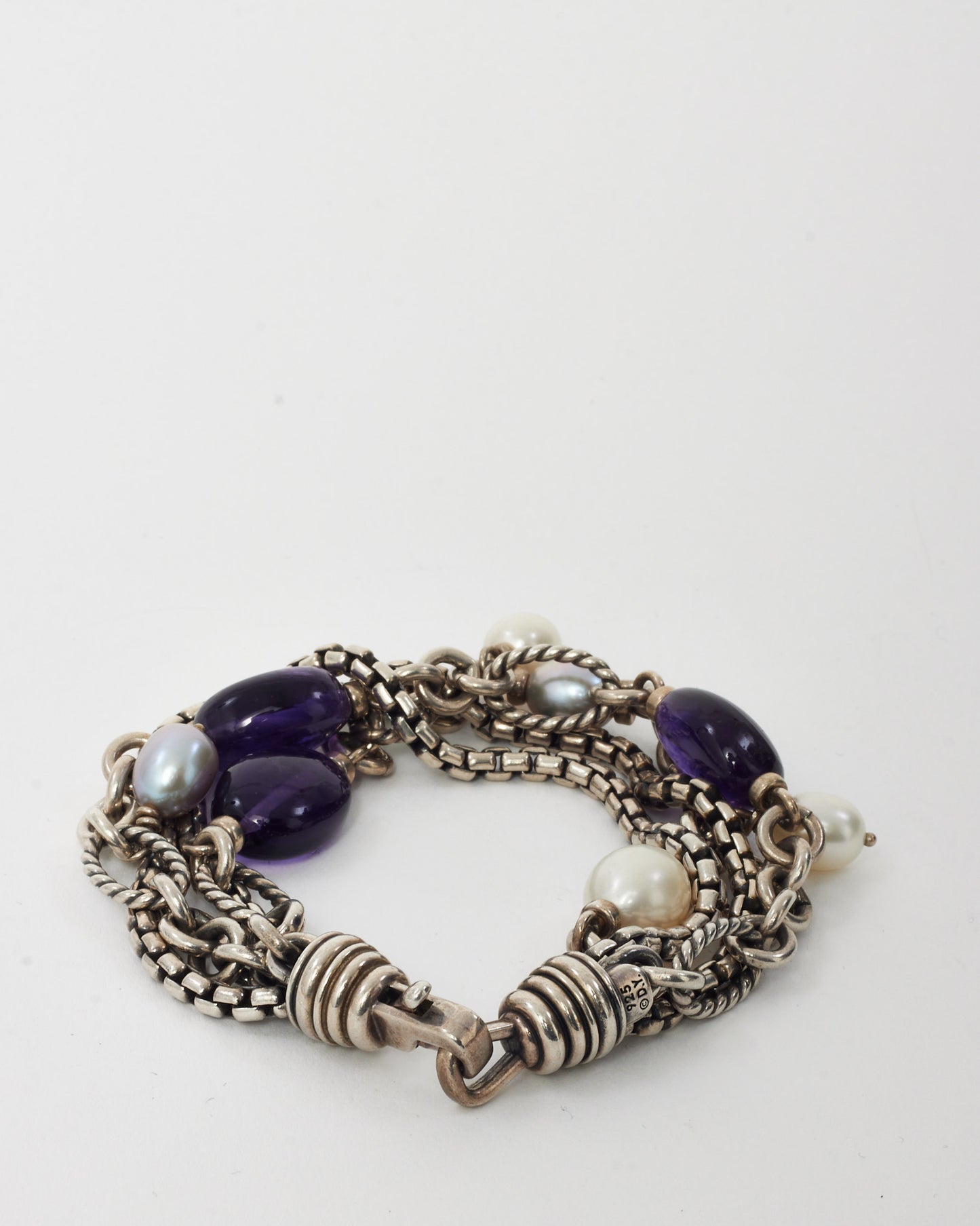 David Yurman Sterling Silver, Pearl & Amethyst 4 Row Bracelet