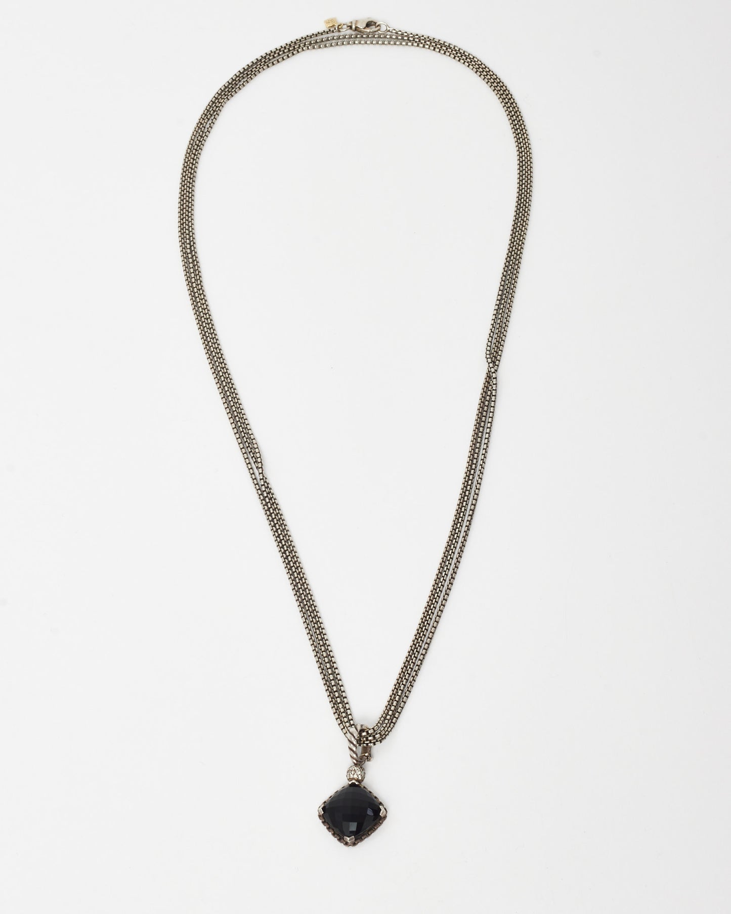 David Yurman Sterling Silver and Black Onyx Diamond Cushion On Point 20mm Pendant Necklace