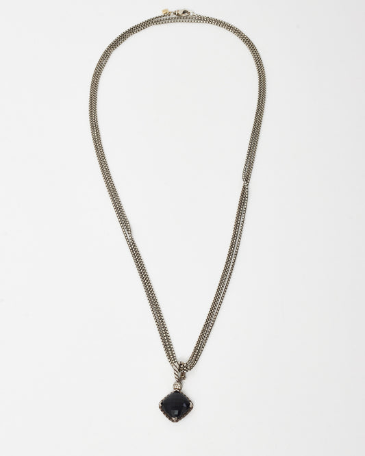 David Yurman Sterling Silver and Black Onyx Diamond Cushion On Point 20mm Pendant Necklace