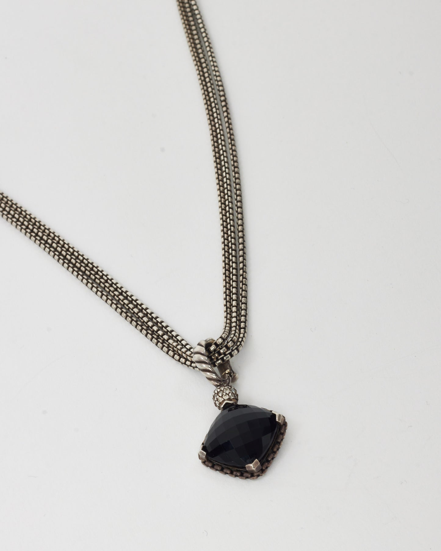 David Yurman Sterling Silver and Black Onyx Diamond Cushion On Point 20mm Pendant Necklace