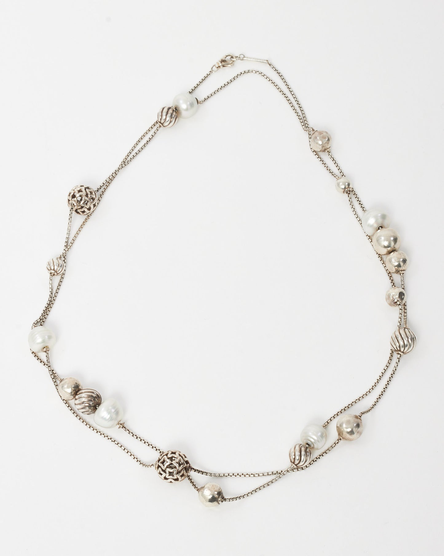 David Yurman Sterling Silver Geometric Ball and Pearl Station Strand Necklace