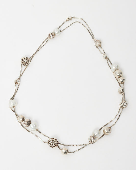 David Yurman Sterling Silver Geometric Ball and Pearl Station Strand Necklace