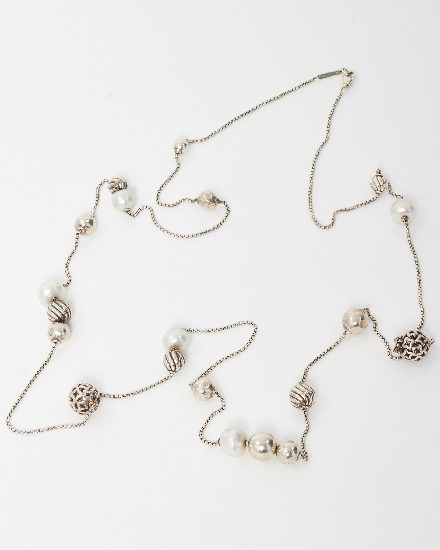 David Yurman Sterling Silver Geometric Ball and Pearl Station Strand Necklace
