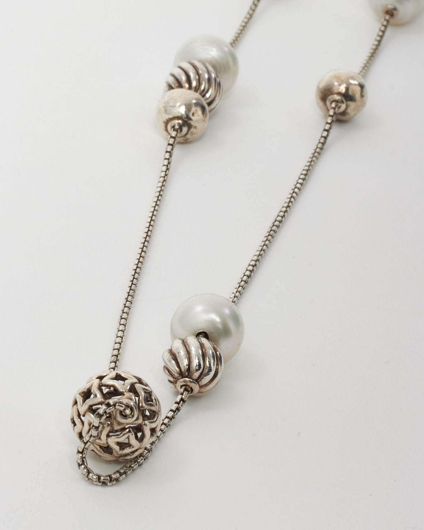 David Yurman Sterling Silver Geometric Ball and Pearl Station Strand Necklace