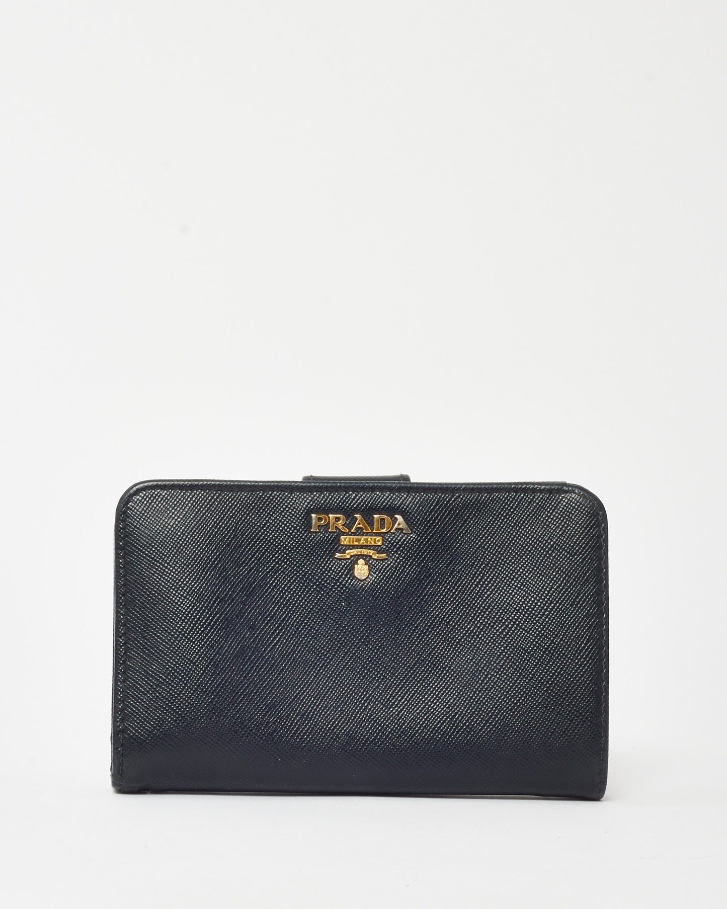 Prada Black Saffiano Leather Gold Logo Bi-Fold Snap Wallet