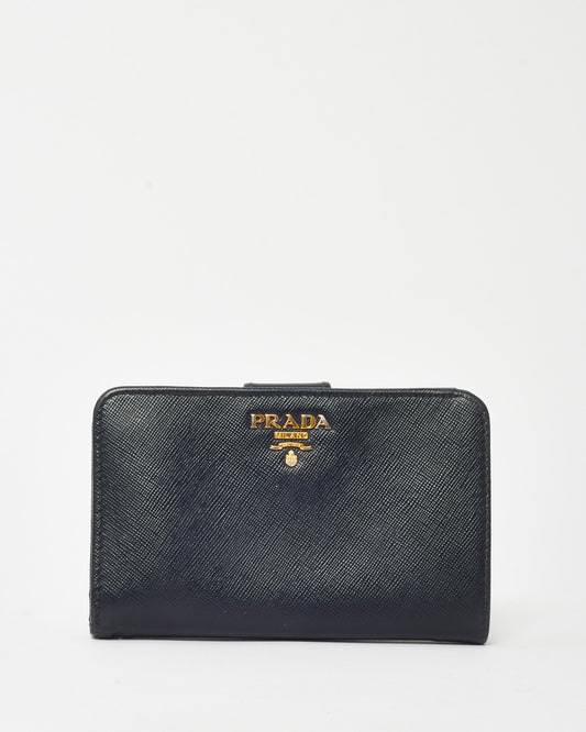 Prada Black Saffiano Leather Gold Logo Bi-Fold Snap Wallet