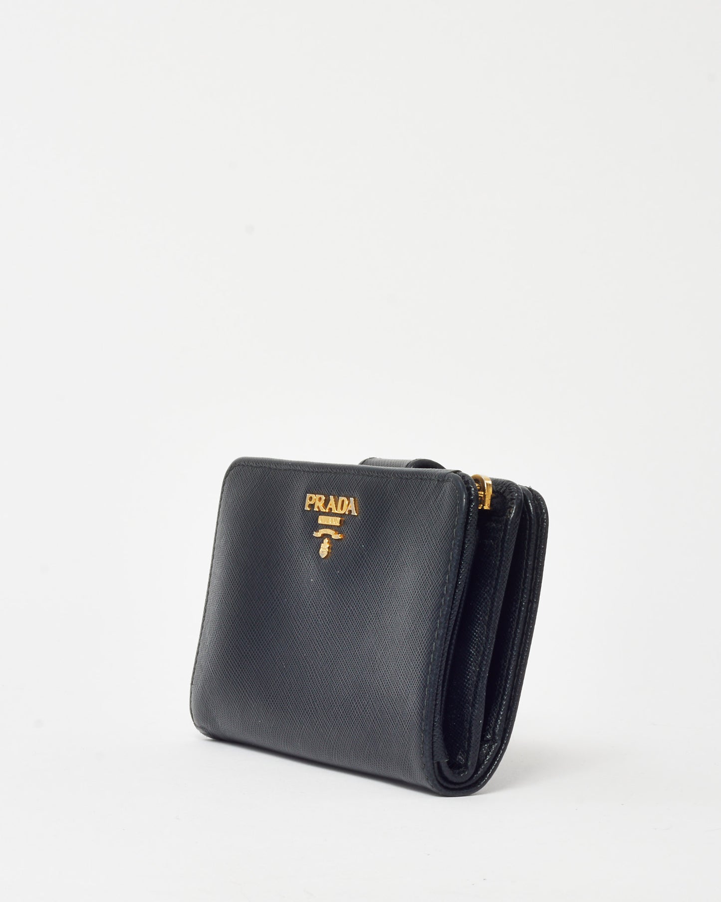 Prada Black Saffiano Leather Gold Logo Bi-Fold Snap Wallet