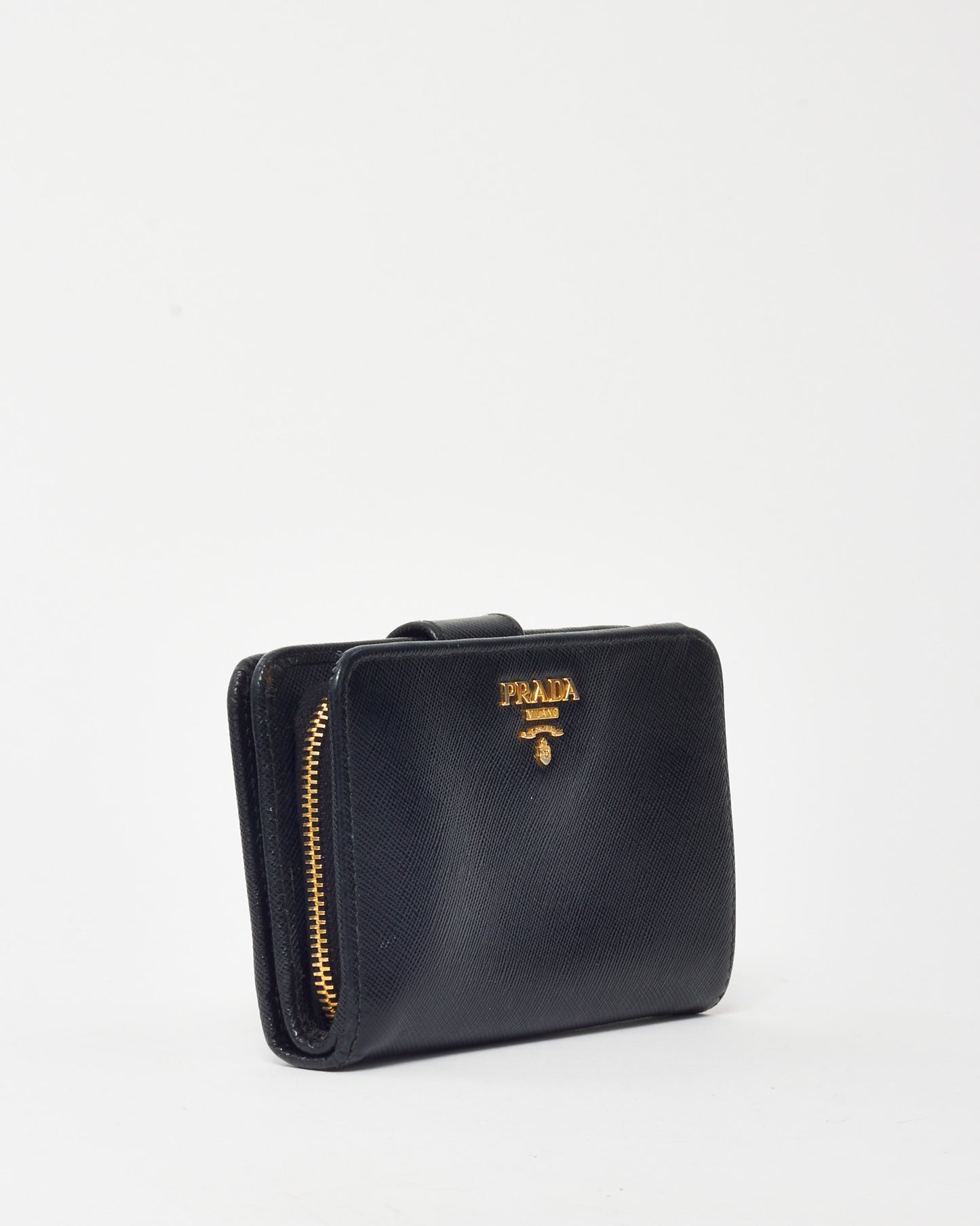 Prada Black Saffiano Leather Gold Logo Bi-Fold Snap Wallet