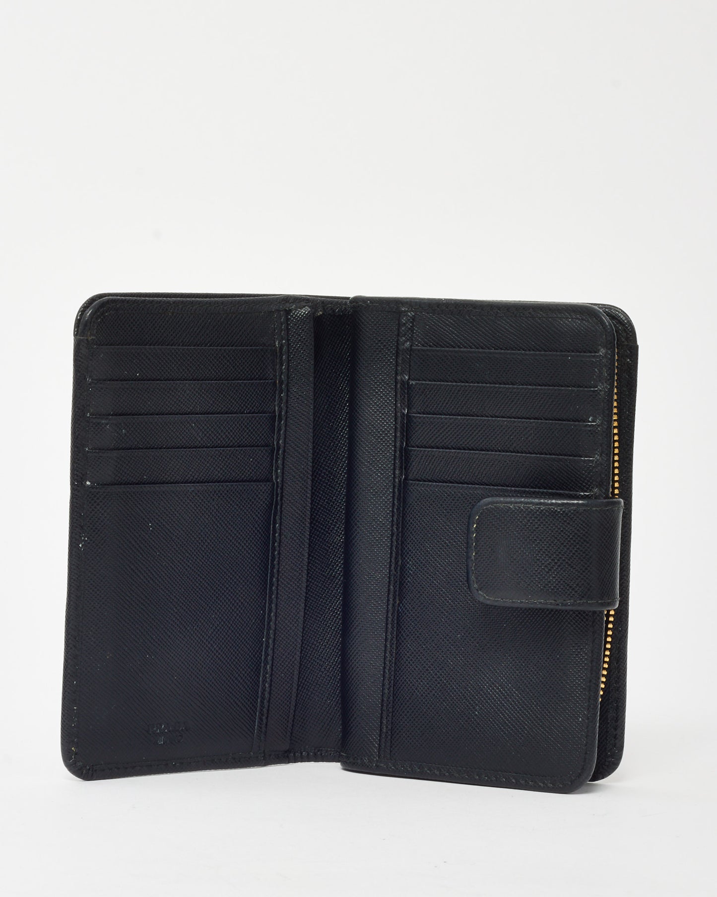 Prada Black Saffiano Leather Gold Logo Bi-Fold Snap Wallet
