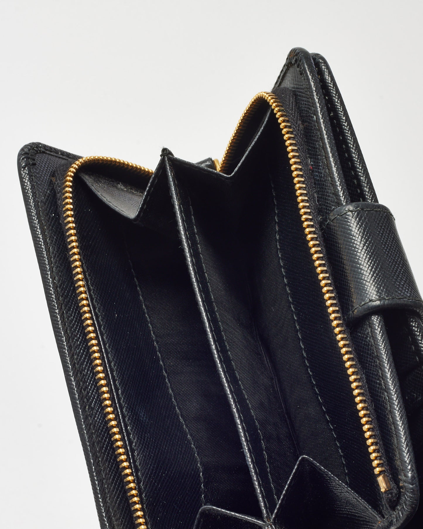 Prada Black Saffiano Leather Gold Logo Bi-Fold Snap Wallet