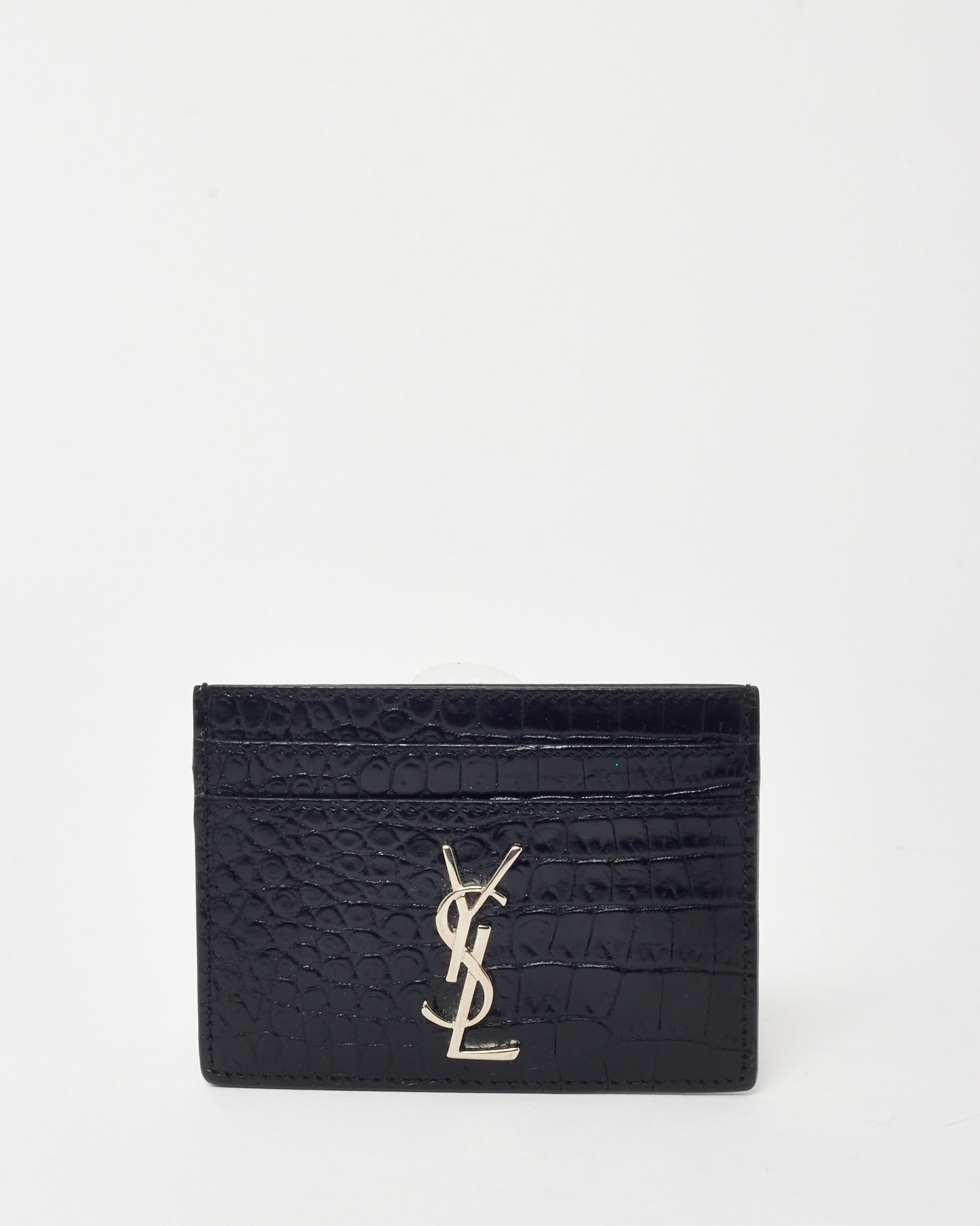 Saint Laurent Black Shiny Croc Embossed Leather YSL Cassandre Card Holder SHW