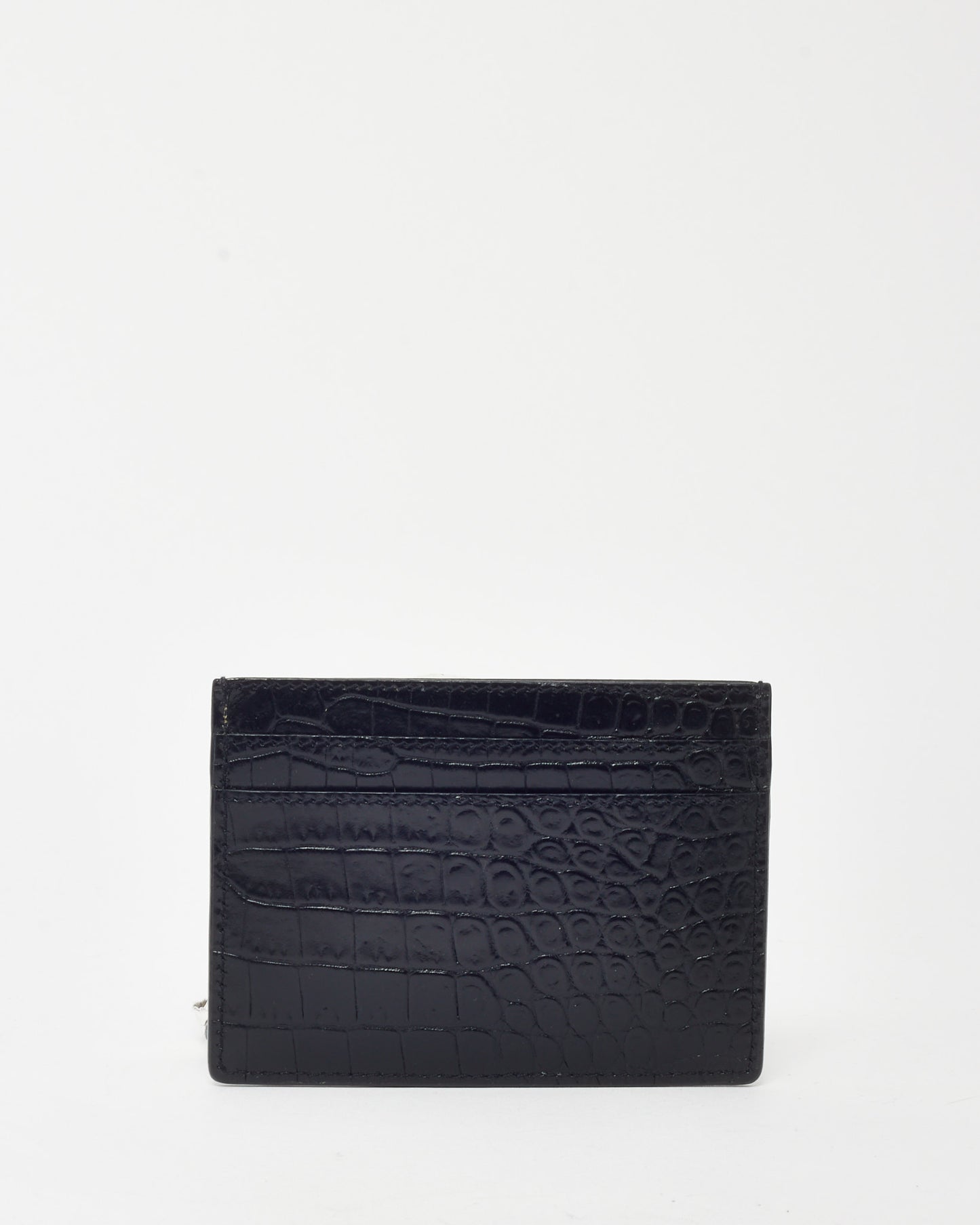 Saint Laurent Black Shiny Croc Embossed Leather YSL Cassandre Card Holder SHW