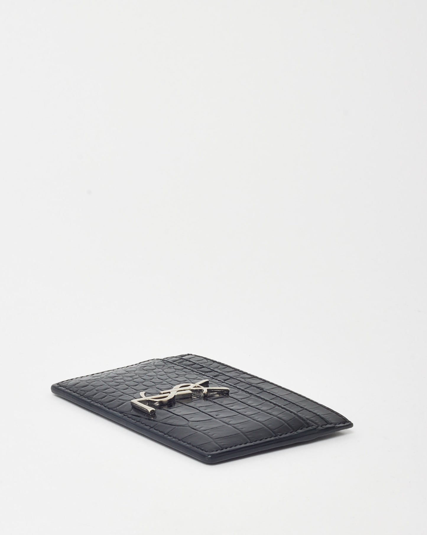 Saint Laurent Black Shiny Croc Embossed Leather YSL Cassandre Card Holder SHW