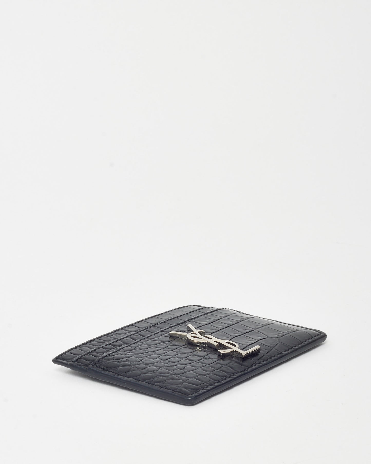Saint Laurent Black Shiny Croc Embossed Leather YSL Cassandre Card Holder SHW