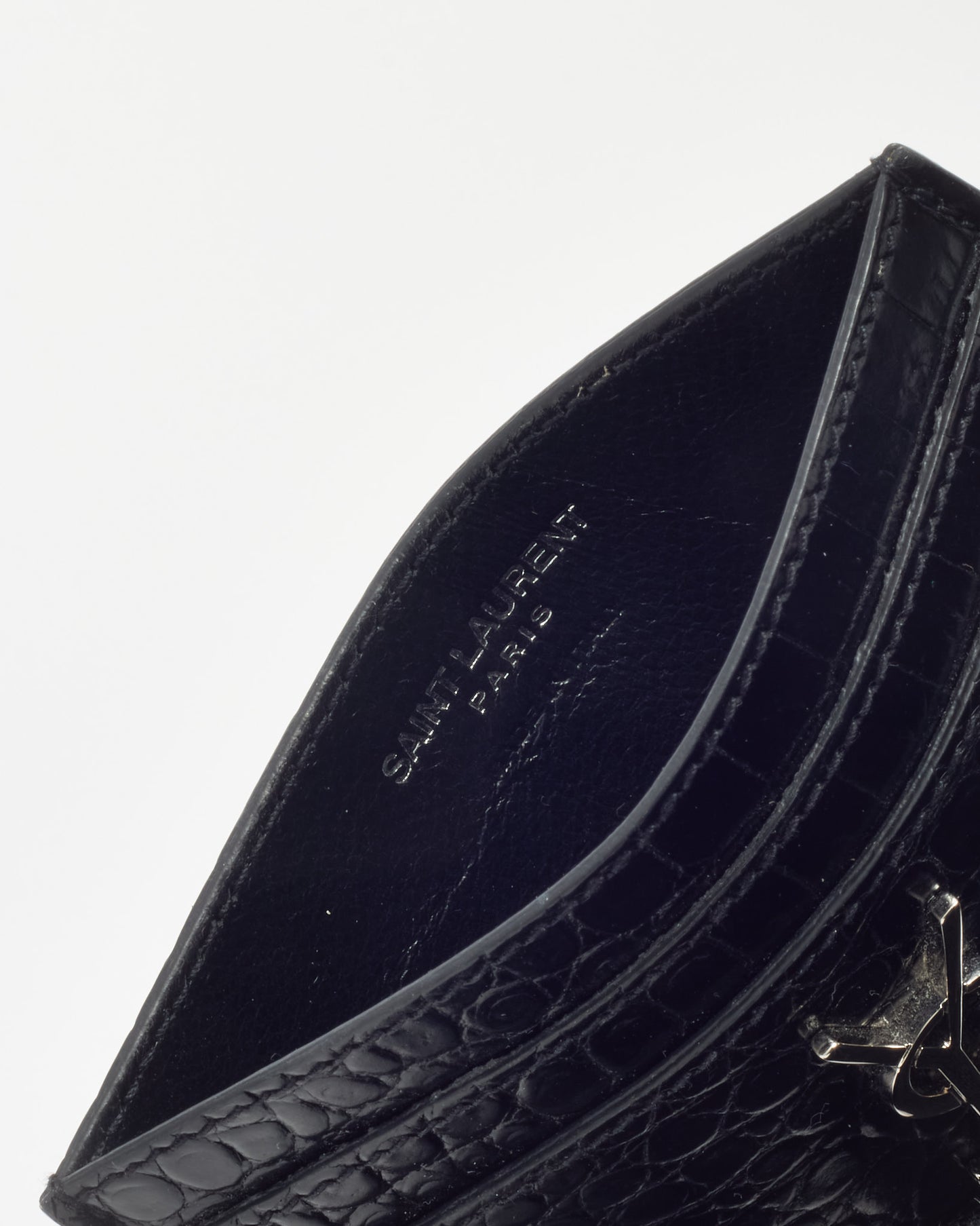 Saint Laurent Black Shiny Croc Embossed Leather YSL Cassandre Card Holder SHW