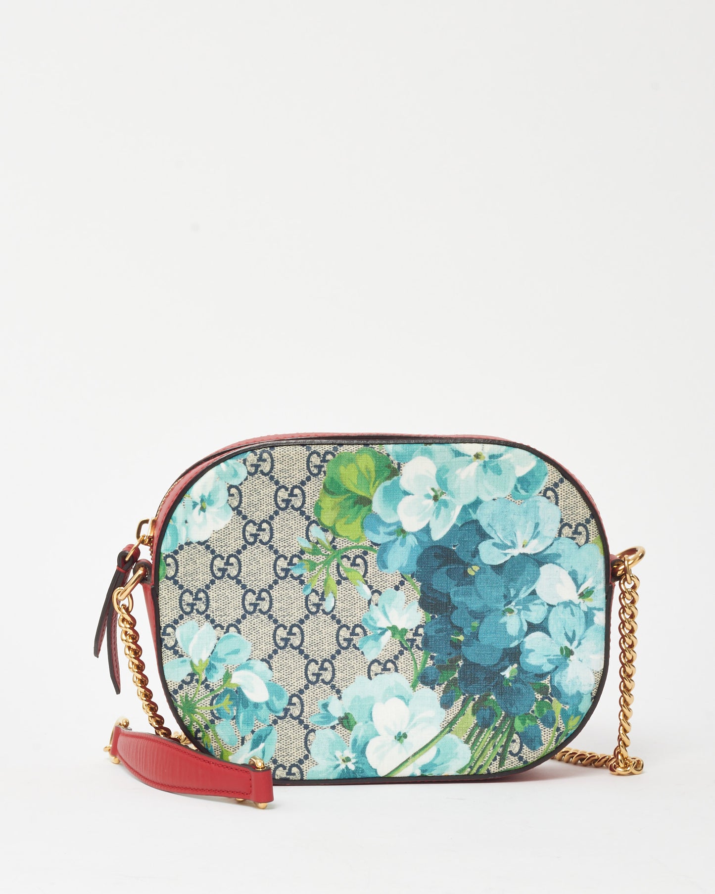 Gucci Red Leather Blue GG Monogram Blooms Coated Canvas Camera Crossbody Bag