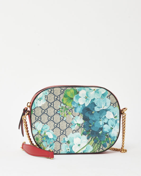 Gucci Red Leather Blue GG Monogram Blooms Coated Canvas Camera Crossbody Bag