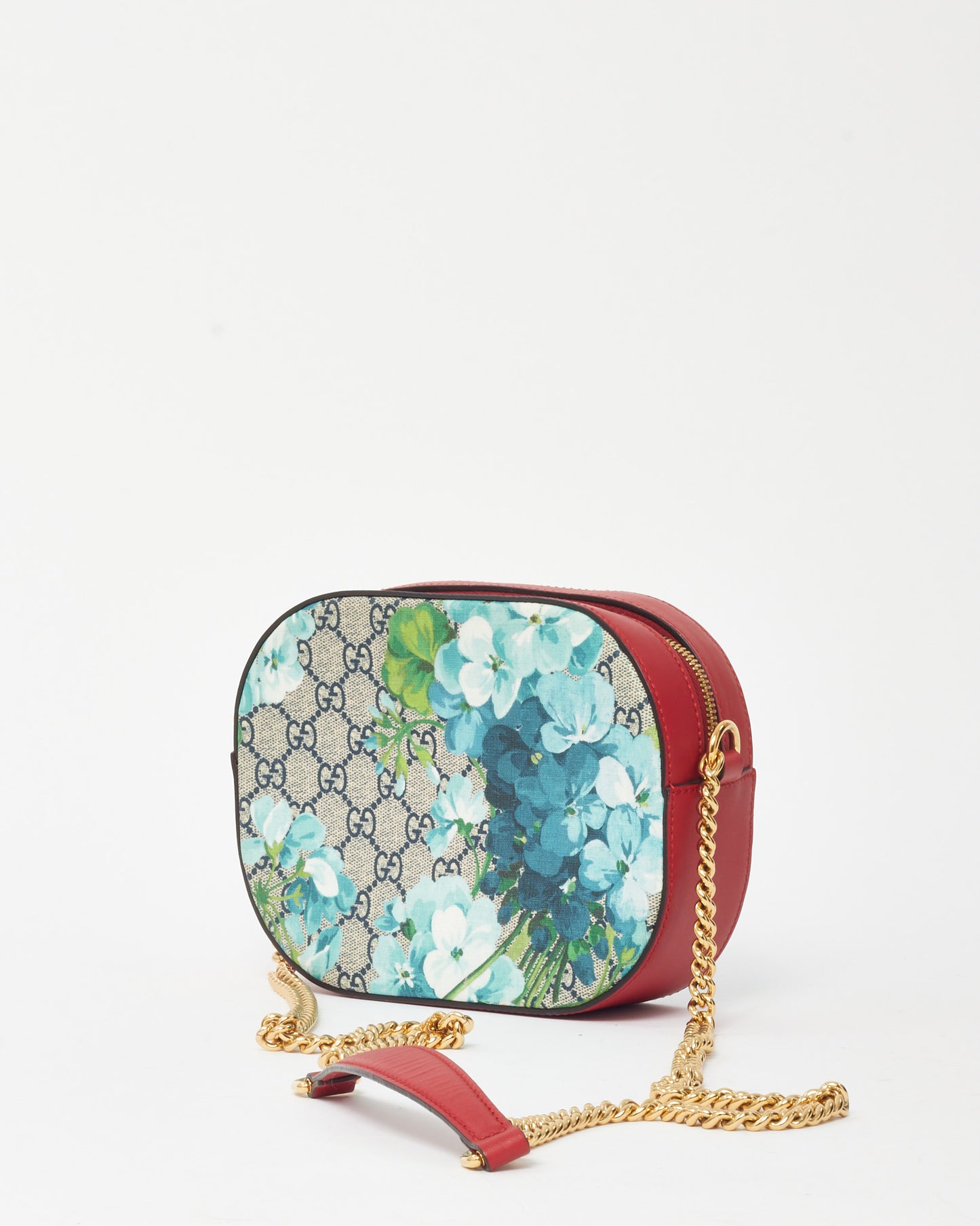 Gucci Red Leather Blue GG Monogram Blooms Coated Canvas Camera Crossbody Bag