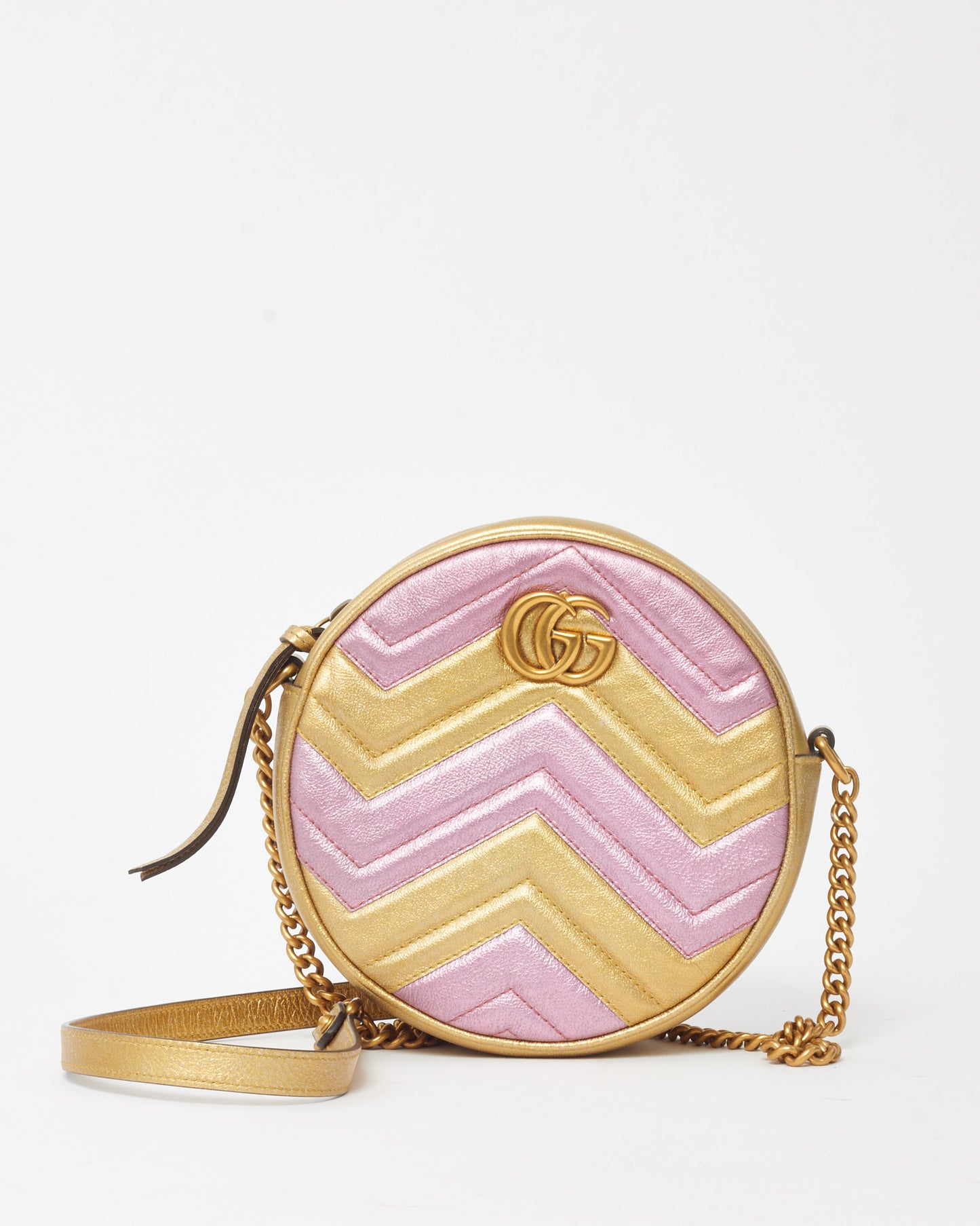 Gucci Metallic Pink and Gold Chevron Leather GG Marmont Mini Round Crossbody Bag