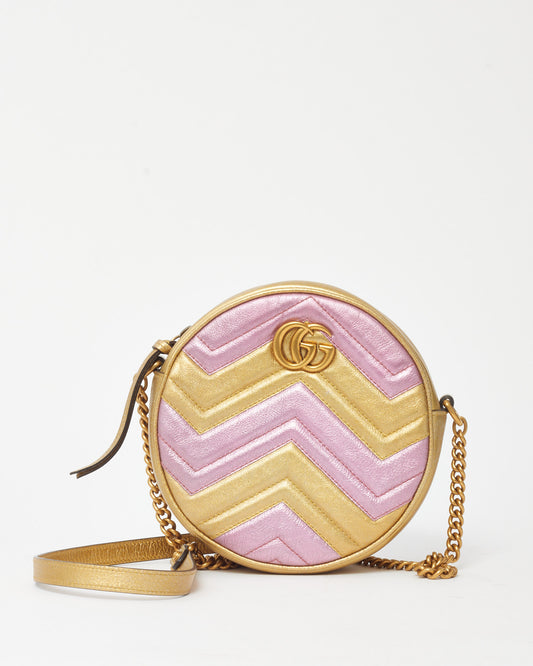 Gucci Metallic Pink and Gold Chevron Leather GG Marmont Mini Round Crossbody Bag