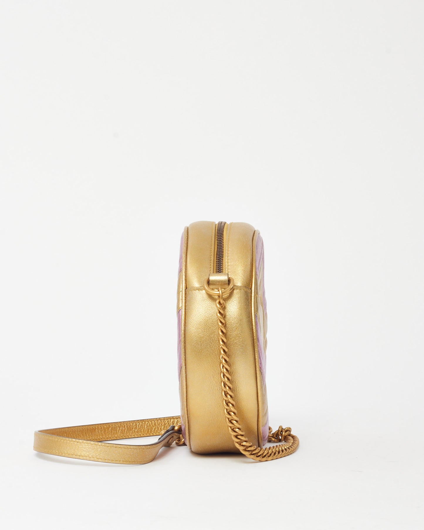 Gucci Metallic Pink and Gold Chevron Leather GG Marmont Mini Round Crossbody Bag