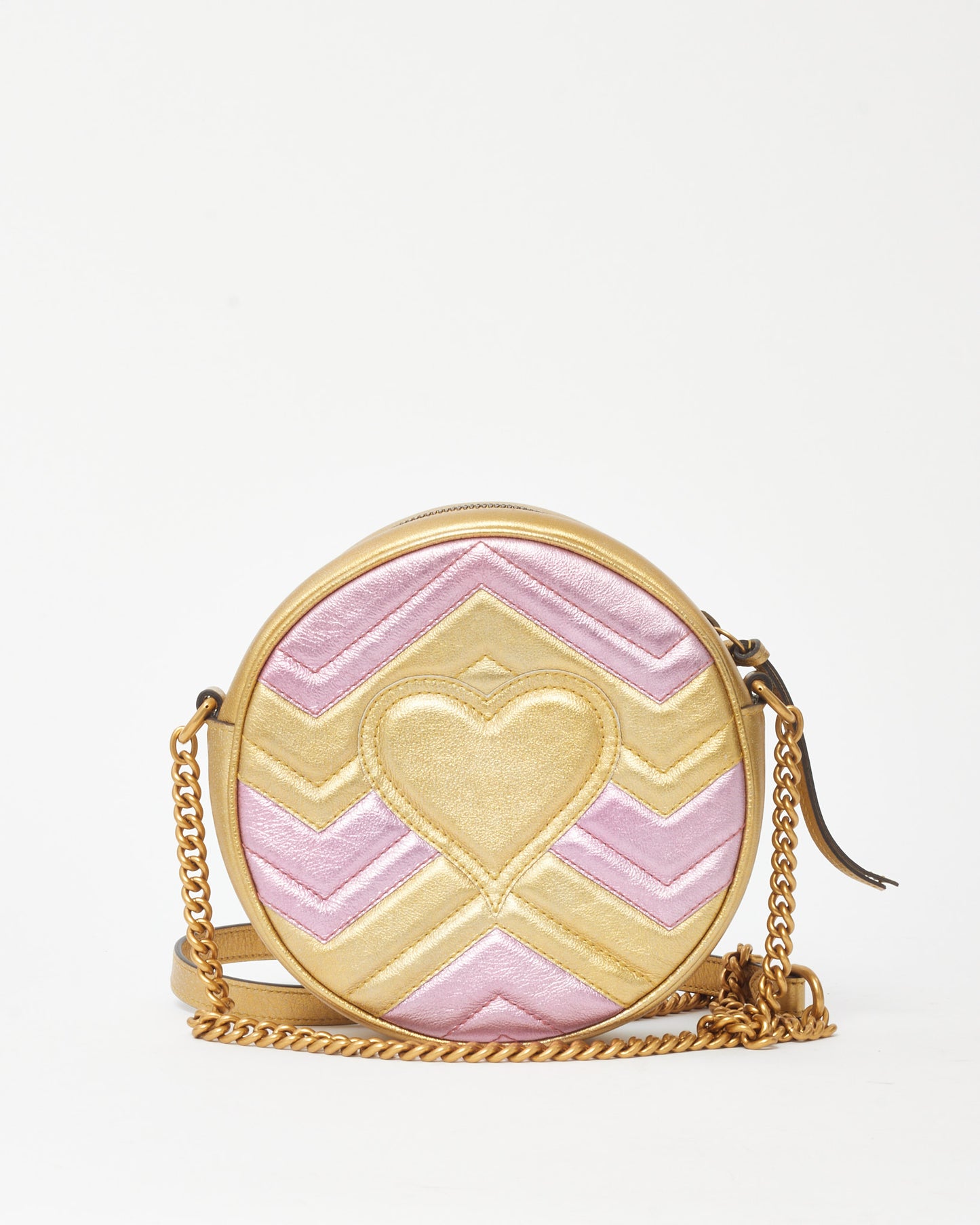 Gucci Metallic Pink and Gold Chevron Leather GG Marmont Mini Round Crossbody Bag