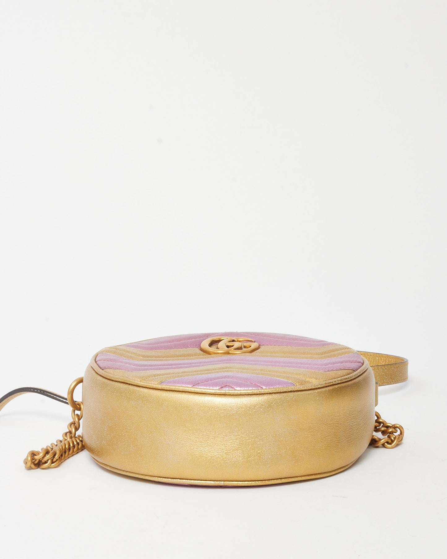 Gucci Metallic Pink and Gold Chevron Leather GG Marmont Mini Round Crossbody Bag