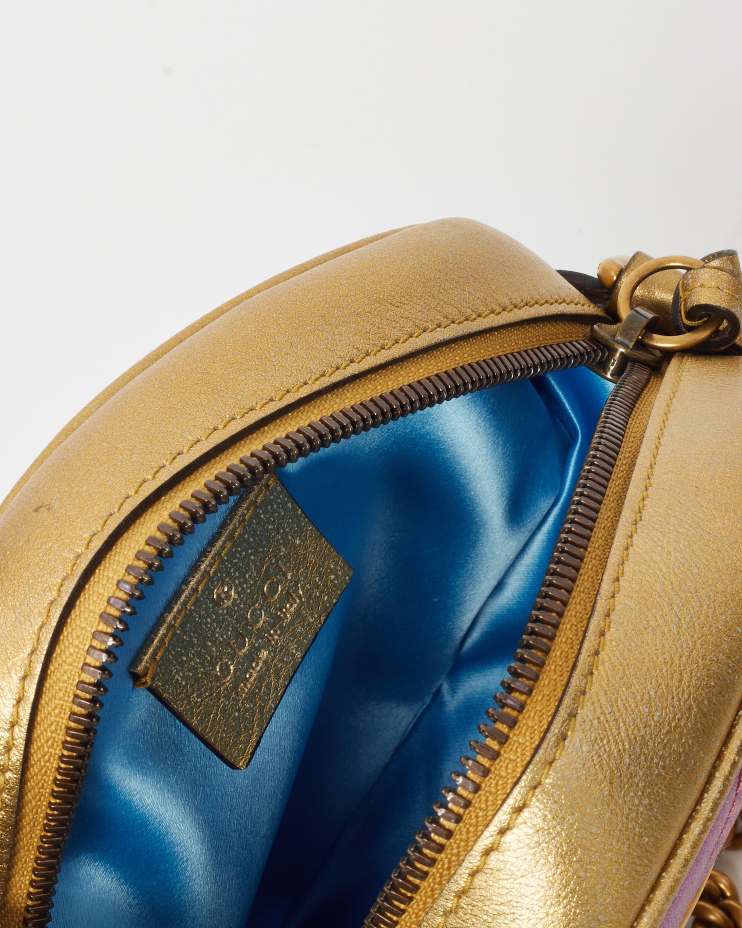 Gucci Metallic Pink and Gold Chevron Leather GG Marmont Mini Round Crossbody Bag