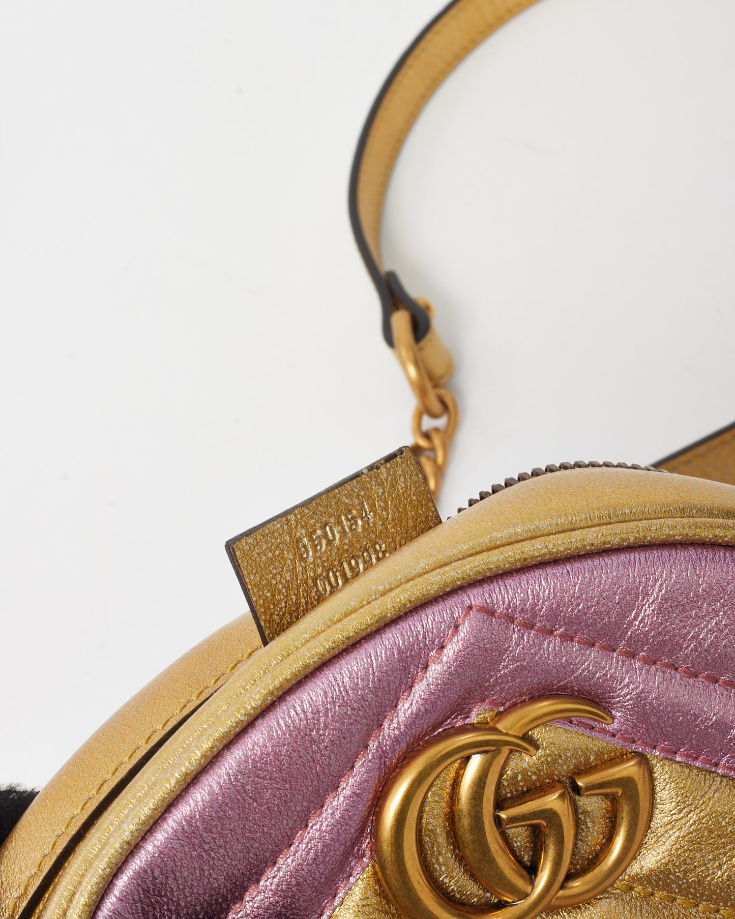 Gucci Metallic Pink and Gold Chevron Leather GG Marmont Mini Round Crossbody Bag