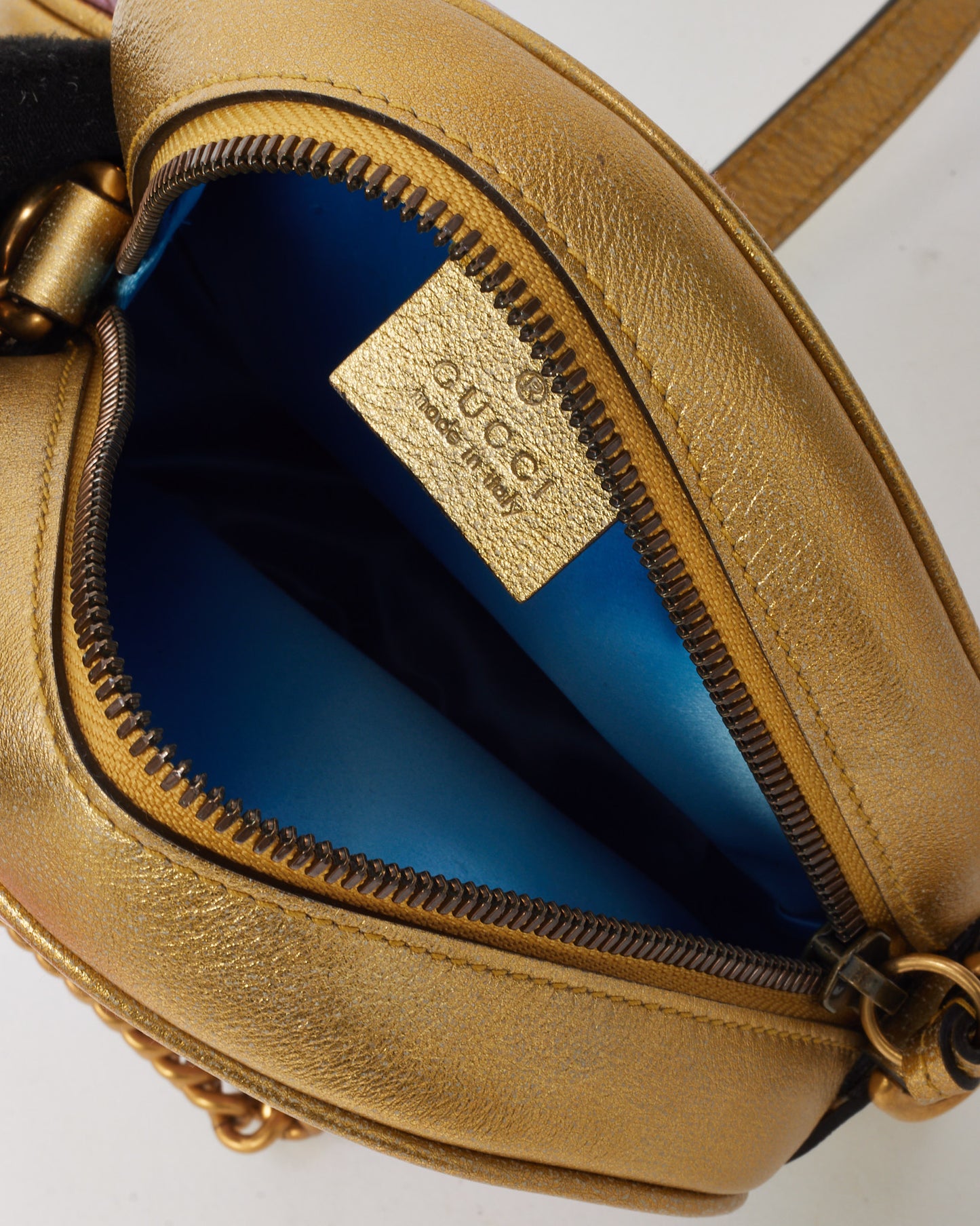 Gucci Metallic Pink and Gold Chevron Leather GG Marmont Mini Round Crossbody Bag