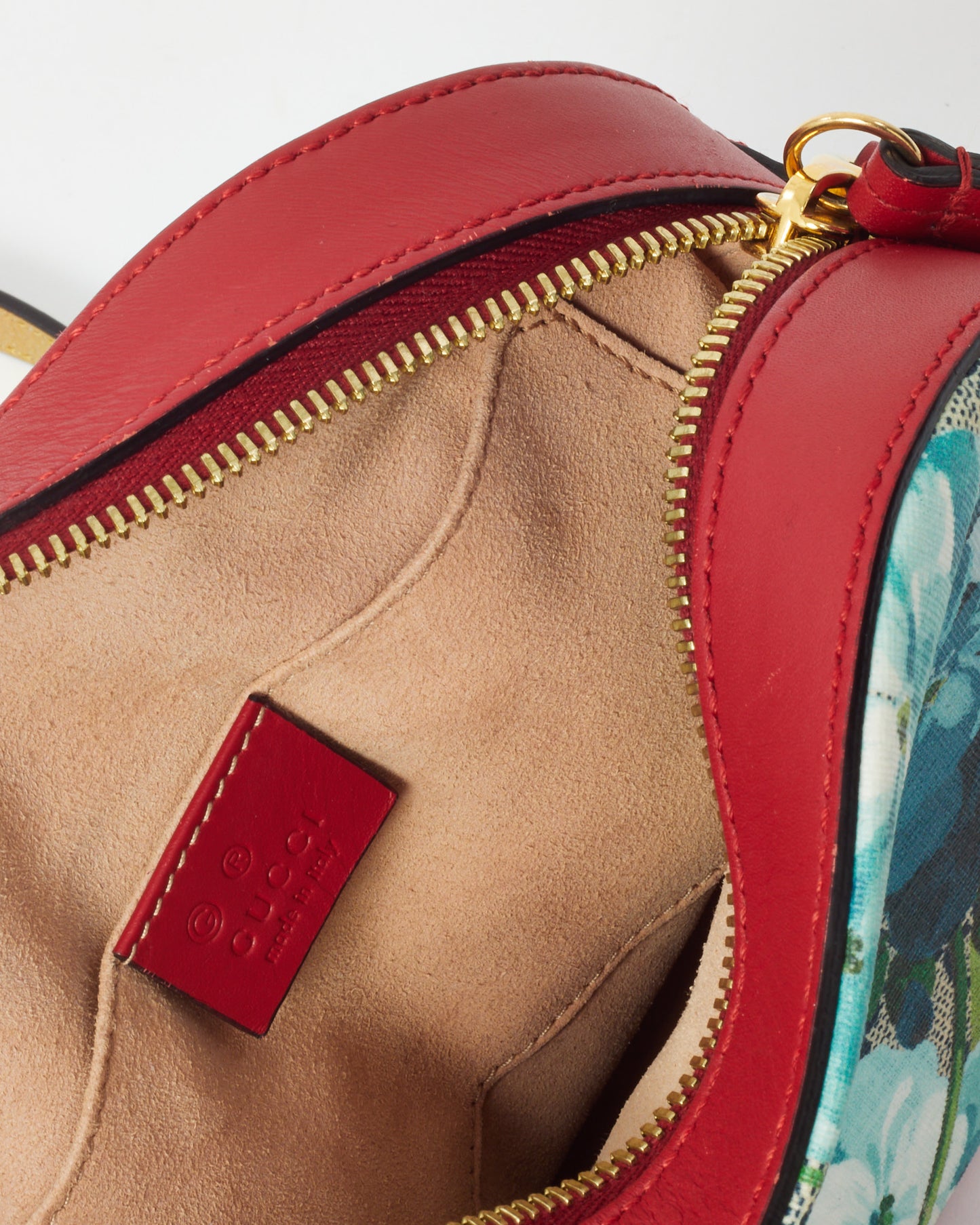 Gucci Red Leather Blue GG Monogram Blooms Coated Canvas Camera Crossbody Bag