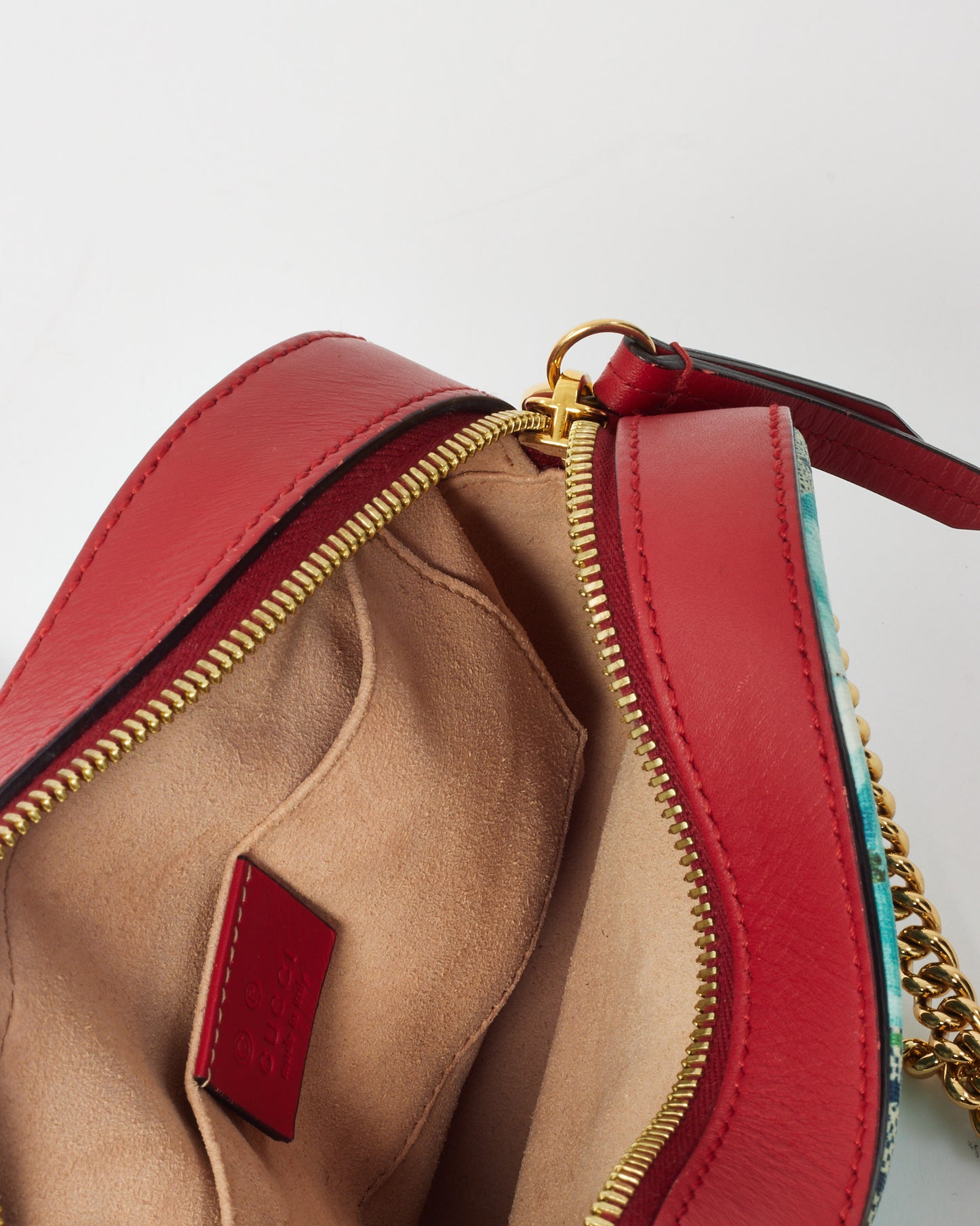 Gucci Red Leather Blue GG Monogram Blooms Coated Canvas Camera Crossbody Bag