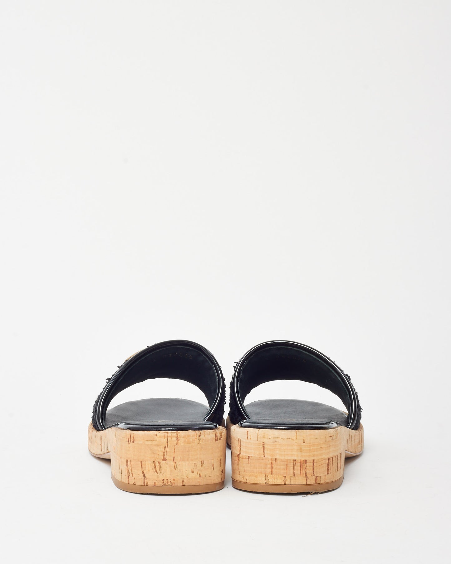 Chanel Black Patent Trim and Tweed Gold GG Logo Cork Slide Sandals - 37